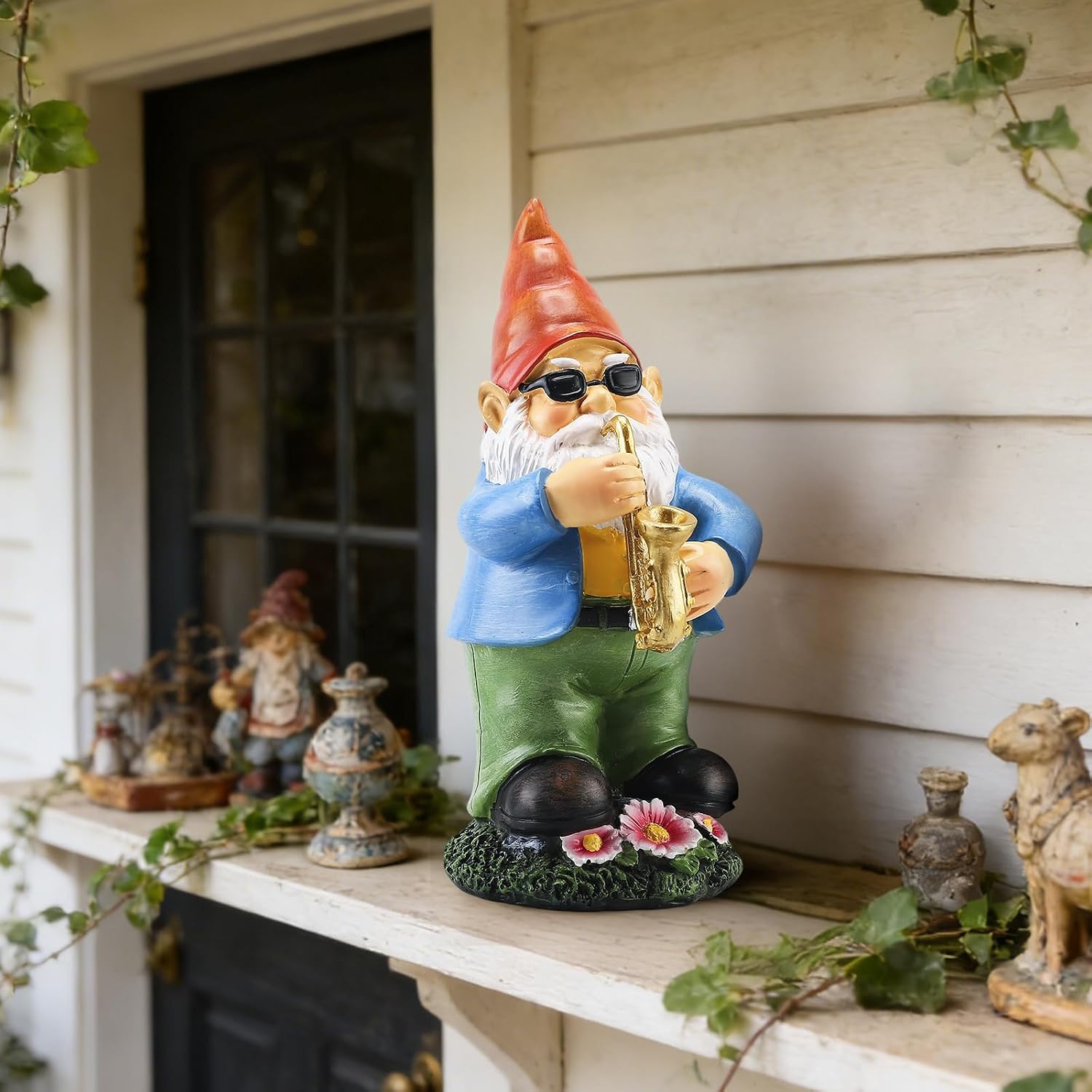 9.5" Garden Gnome Statue with Saxophone, Funny Resin Gnome Figurine with Sunglasses, Perfect for Porch, Balcony, Garden Decor, Gnome Statue for Dad, Husband, Men, Father’s Day, Birthday Gift