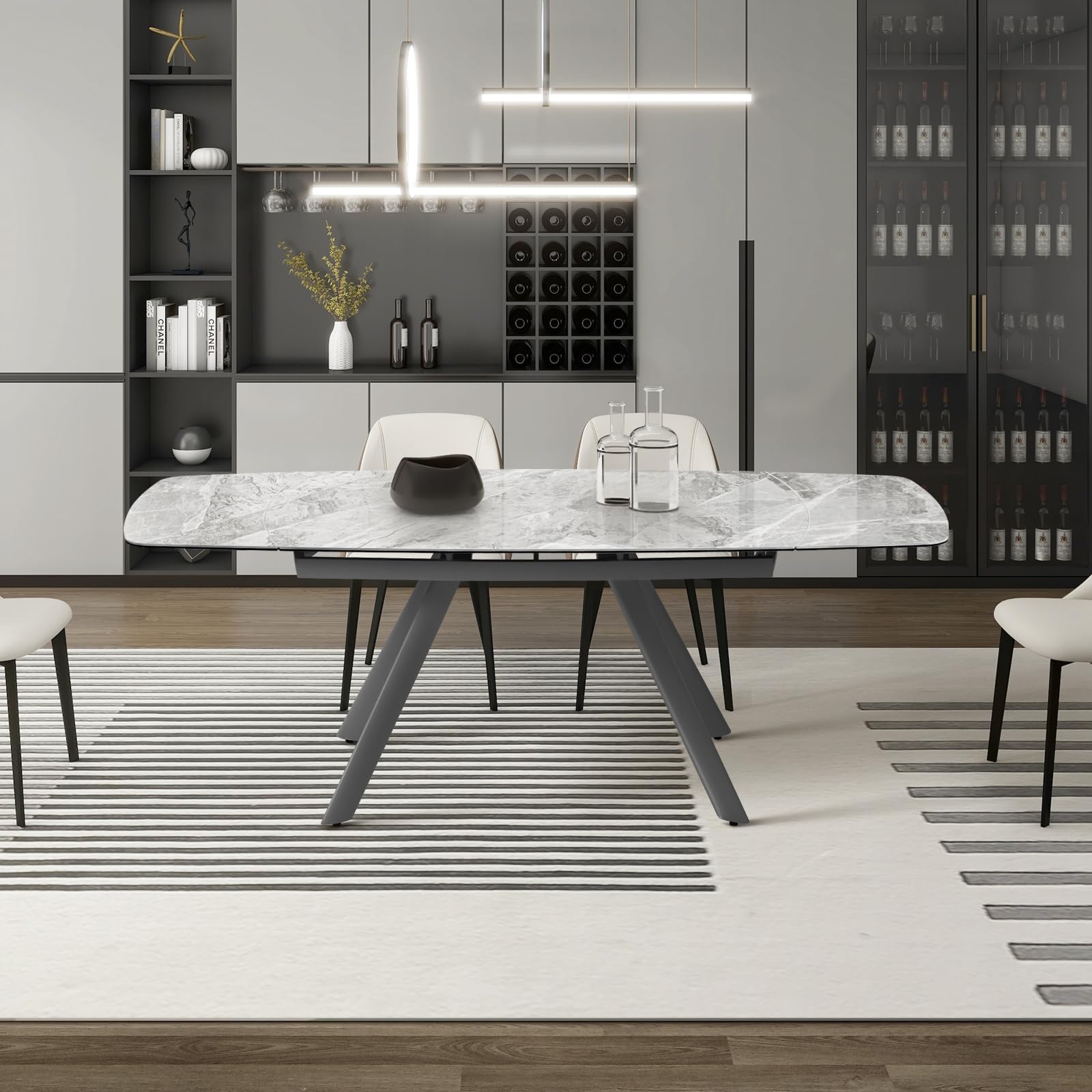 Extendable Dining Table for 6-8 Seat, 55.1'' to 82.7'' Sintered Stone Oval Kitchen Table, Modern Dining Room Table with Rounded Corner for Kitchens,