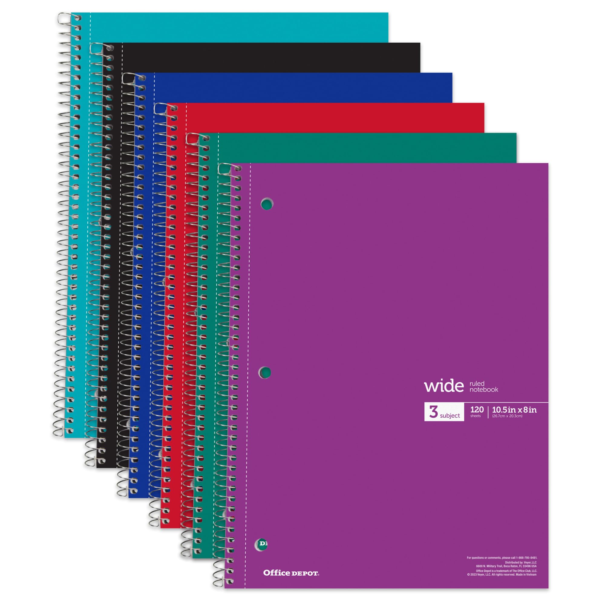 office depot® wirebound notebooks, 8" x 10-1/2", 3 subjects, wide ruled, 120 sheets, assorted colors, pack of 6 notebooks