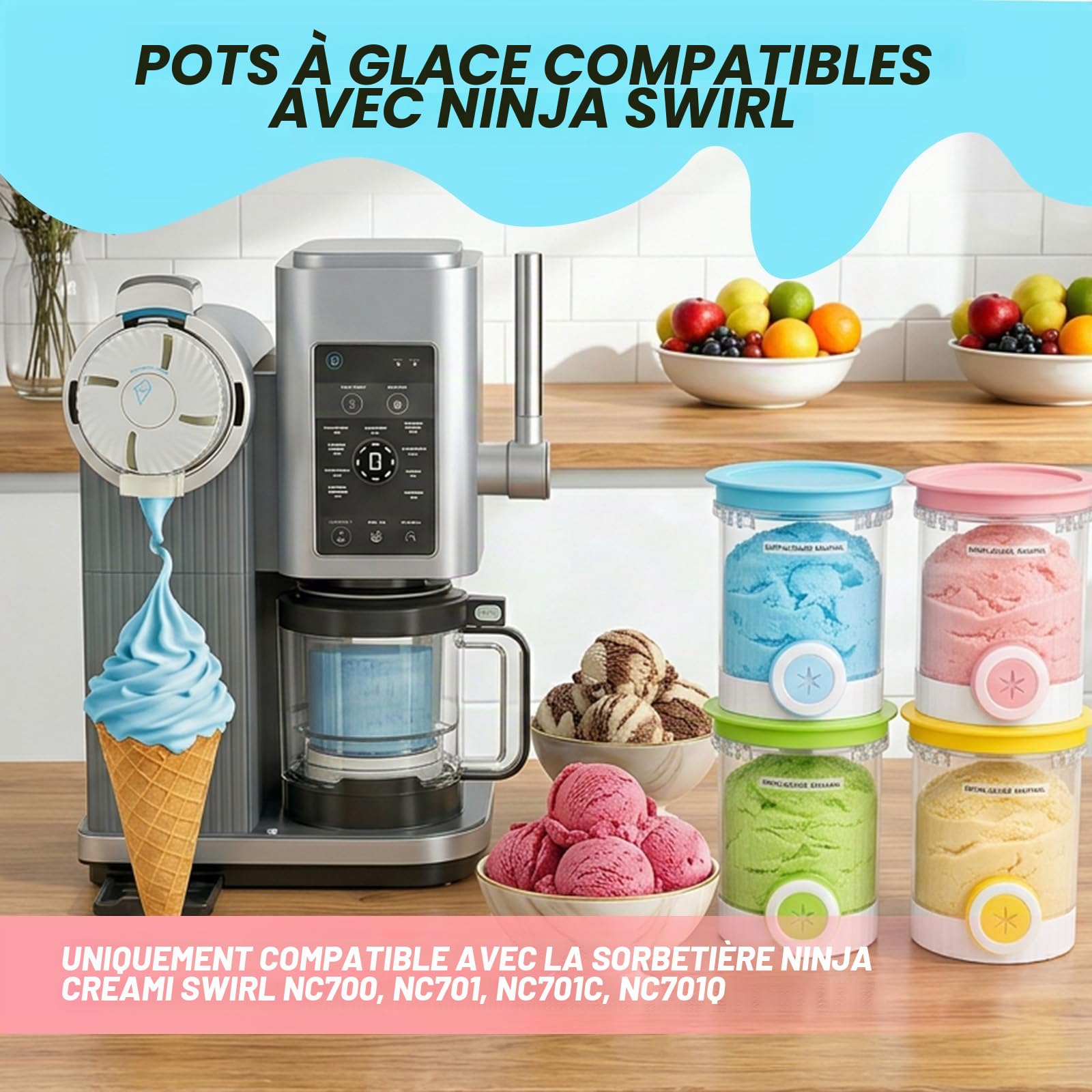 4 Pièces Pour Ninja Swirl Creami Conteneur, pot Ninja Creamy Deluxe, Récipient à Crème Glacée, pour Sorbetières Ninja Creami Séries NC701 et NC700, Sans BPA et Lave-Vaisselle