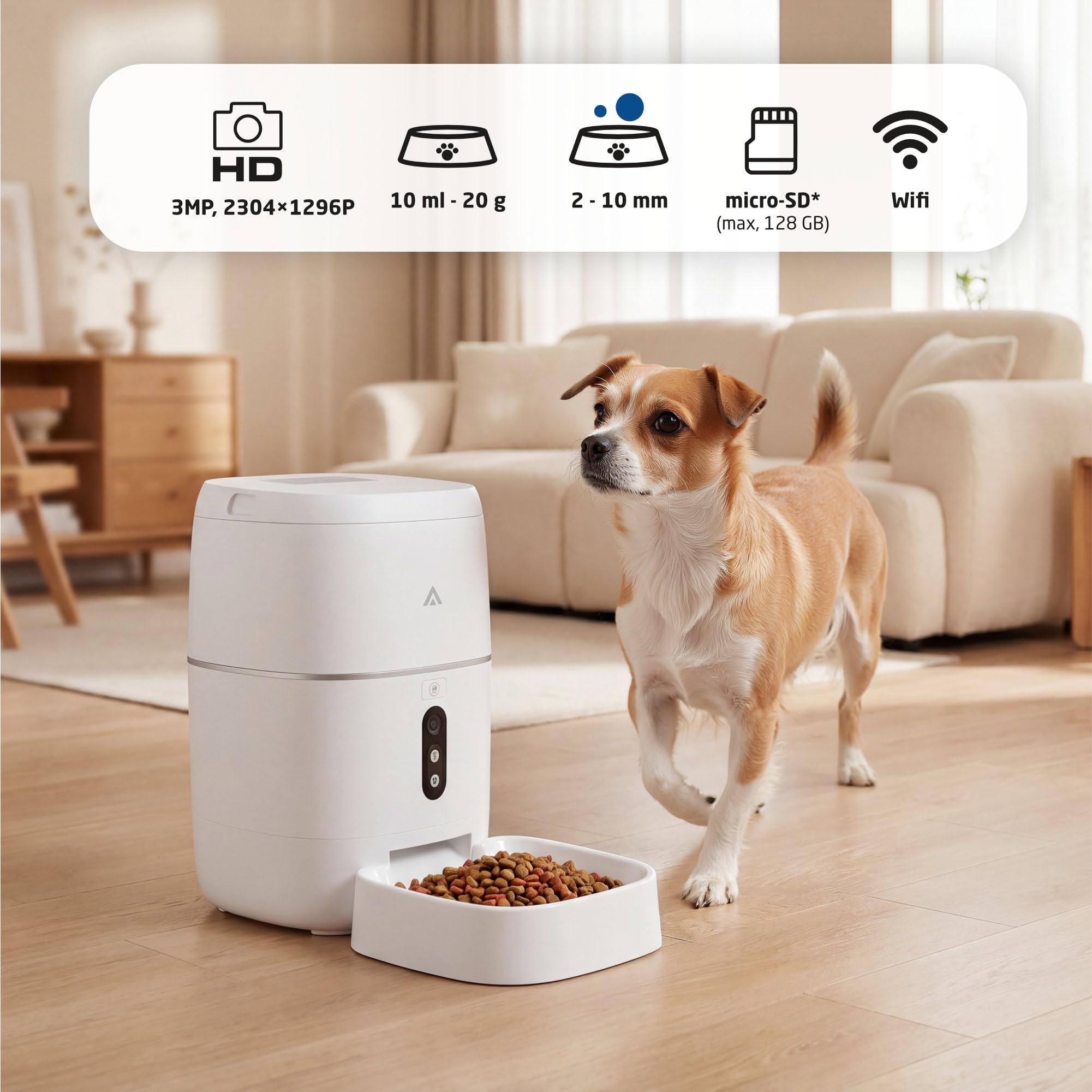 Distributore automatico - 6 Litri - Telecamera 3MP, Wifi e App - Programmazione del cibo, audio bidirezionale, visione notturna, ricarica USB-C o batterie. Per gatti e cani - Mod. PF-BL6