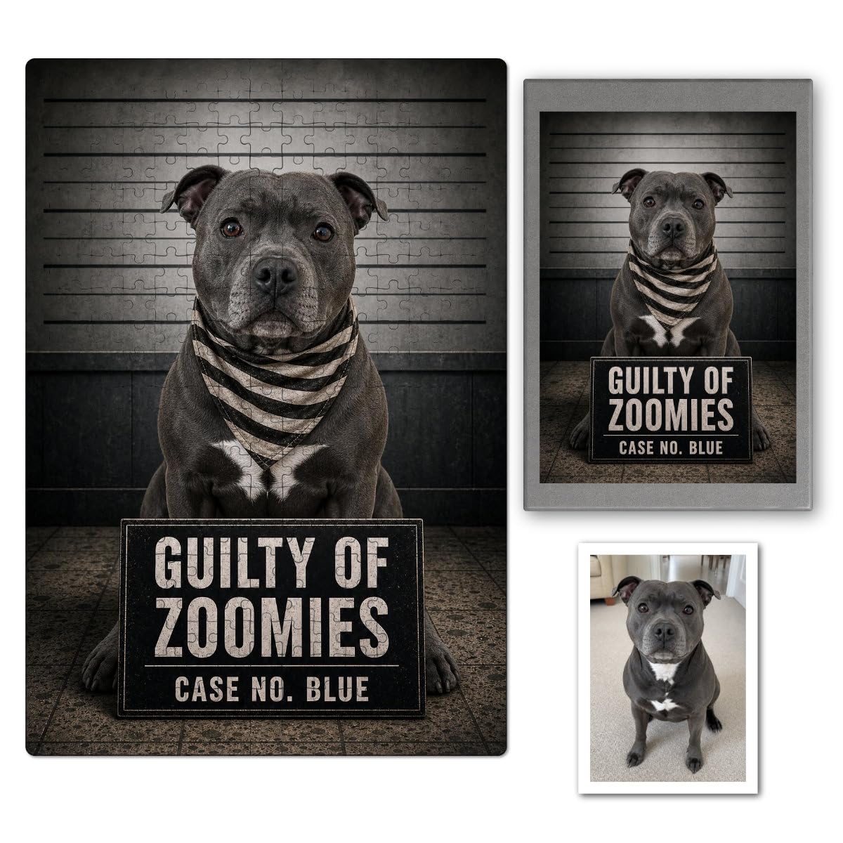 Personalised Pet Mugshot Jigsaw From Photo and Custom Text, Funny Dog Cat Prison Puzzle Gift with Printed Box Keepsake Activity