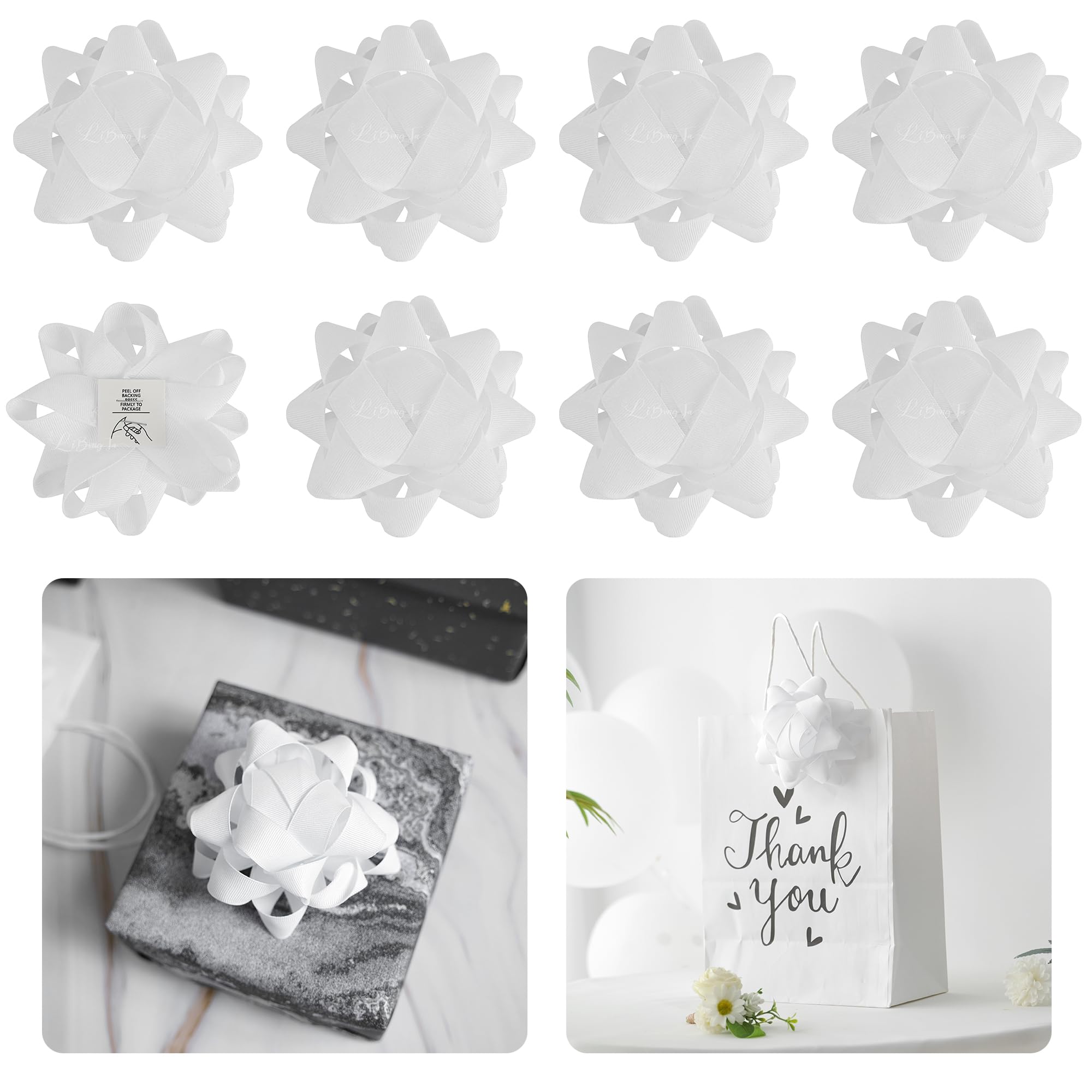 LiBongTa 4.5 Inch White Bow for Gift Grosgrain Ribbon Present Bow, Christmas Bow for Gift Wrapping, Decorative Bow, Self Adhesive Bows, Gift Bow