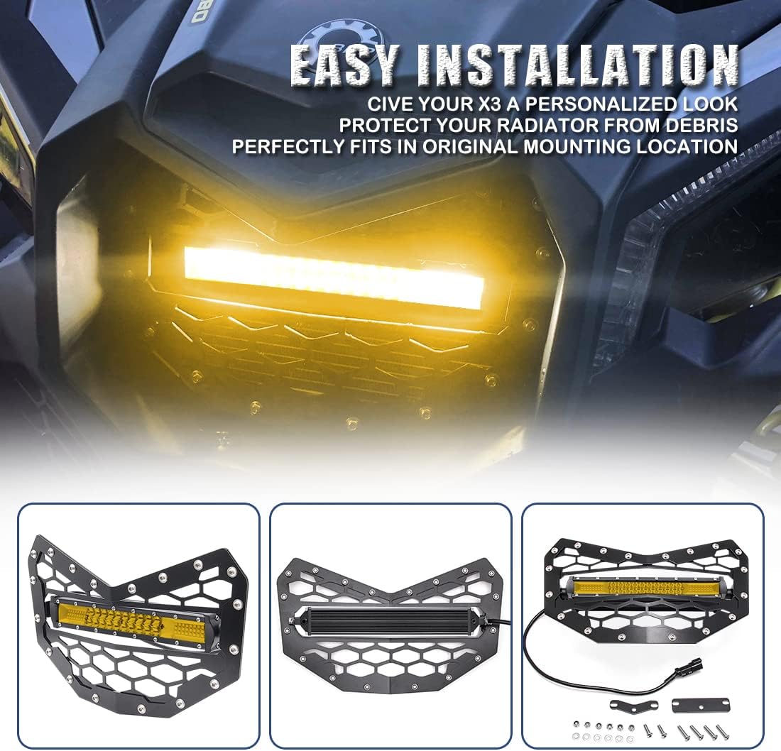 Chelhead Black Steel Grille with 11 INCH Yellow Slim Led Light Bar Combo Beam and Wiring Harness Compatible with Can-Am Maverick X3 2016 2017 2018 2019 2020 2021 2022 2023