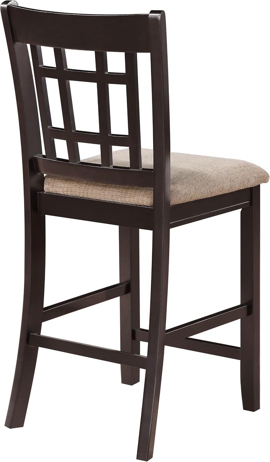 BOWERY HILL Wood Lattice Back Counter Stool, Espresso Finish, 41.25" H, Cushioned Tan Fabric Upholstered Seat, Rectangular Lattice Design, Footrest Included, Modern Style Bar or Kitchen Seating