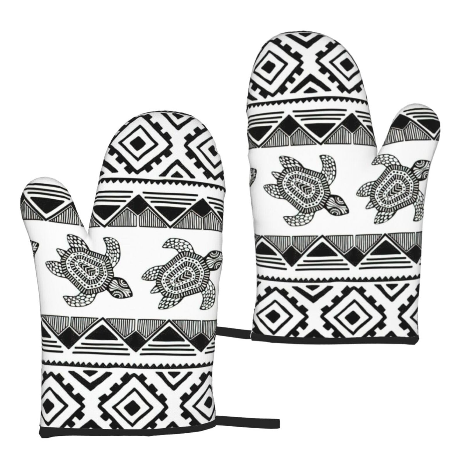Nimongt Women's Black Ethnic Turtle Striped Print Adults Universal Fit Heat Resistant Oven Gloves Reusable Cooking Outdoor Grilling