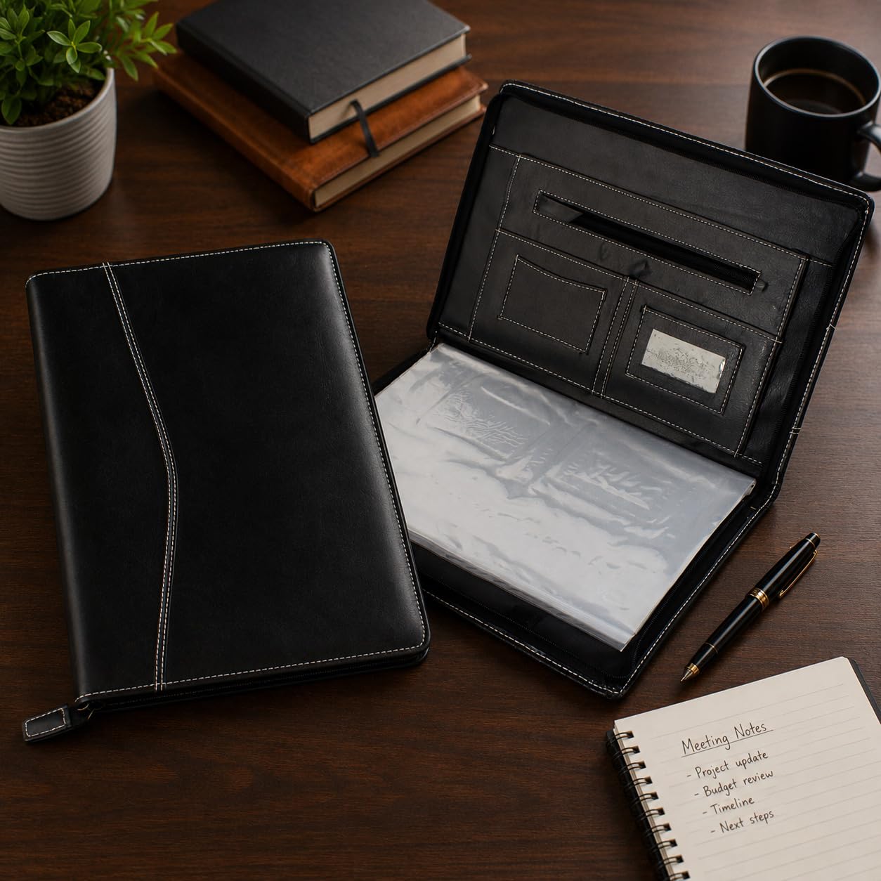 Asraw PU Faux Leather Deluxe B4 Size Document Holder 20 Leafs Zipper File Folder Organizer for Certificates, Marksheets, Degrees, Interview Portfolio, Important Papers (Black, File Folder) 1