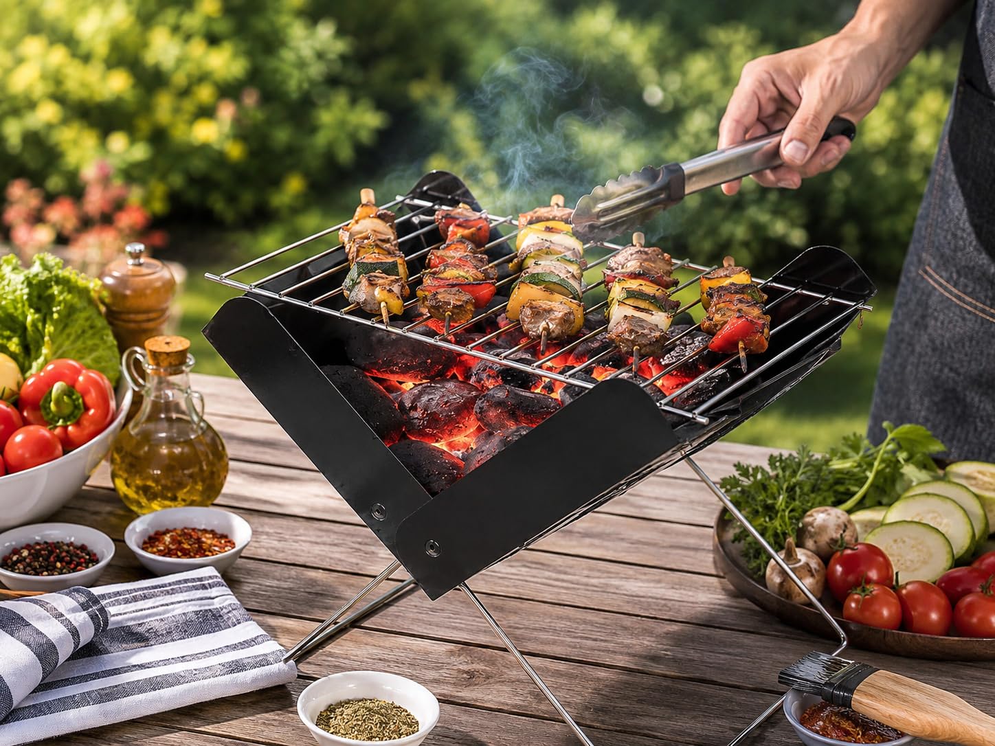 BBQ Grill, Portable Folding Charcoal Barbecue, Tabletop Outdoor Stainless Steel Smoker Grill for Camping, Picnics, Garden, Beach & Travel, Outdoor Cooking Stove Black One Size