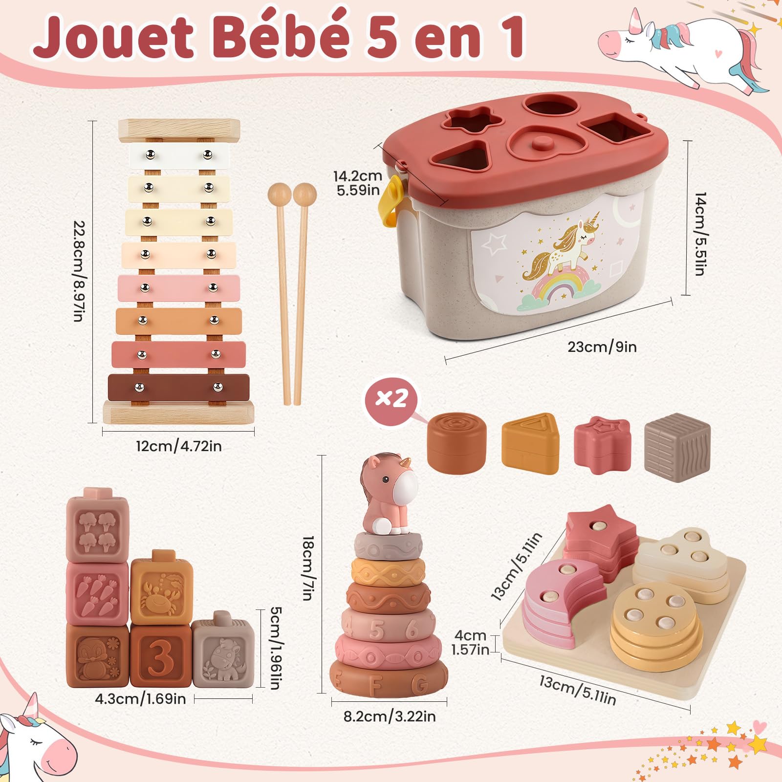 5-en-1 Jouet Bebe 6 Mois, Jouet Montessori Bebe 6-12 Mois, Jeux Sensoriel