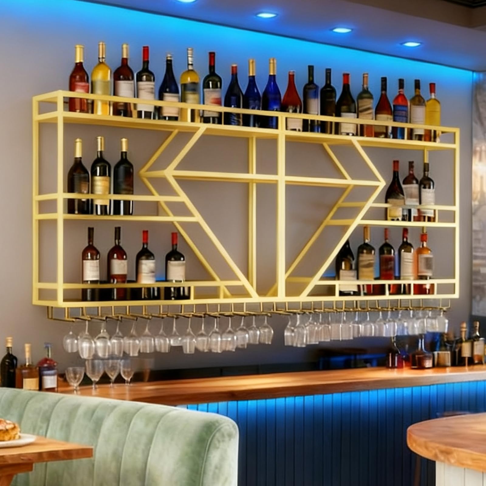 Botellero de Vino de Pared, Grande Estante de Vino Decorativo Industrial de Metal con Portavasos para Copas, Estante Flotantes para Exhibición De Vinos Botellero para (Gold, 3 Tier,200cm)