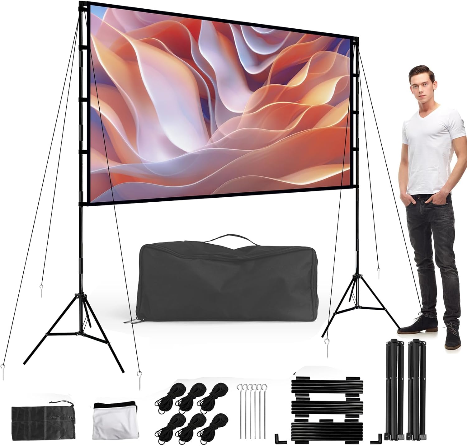 iMounTEK Projector Screen with Stand- 120 inch Portable Projector Screen Outdoor Indoor 16:9 4K HD Rear Front Wrinkle-Free Lightweight Movie Screen with Carry Bag for Home Backyard Movie Night