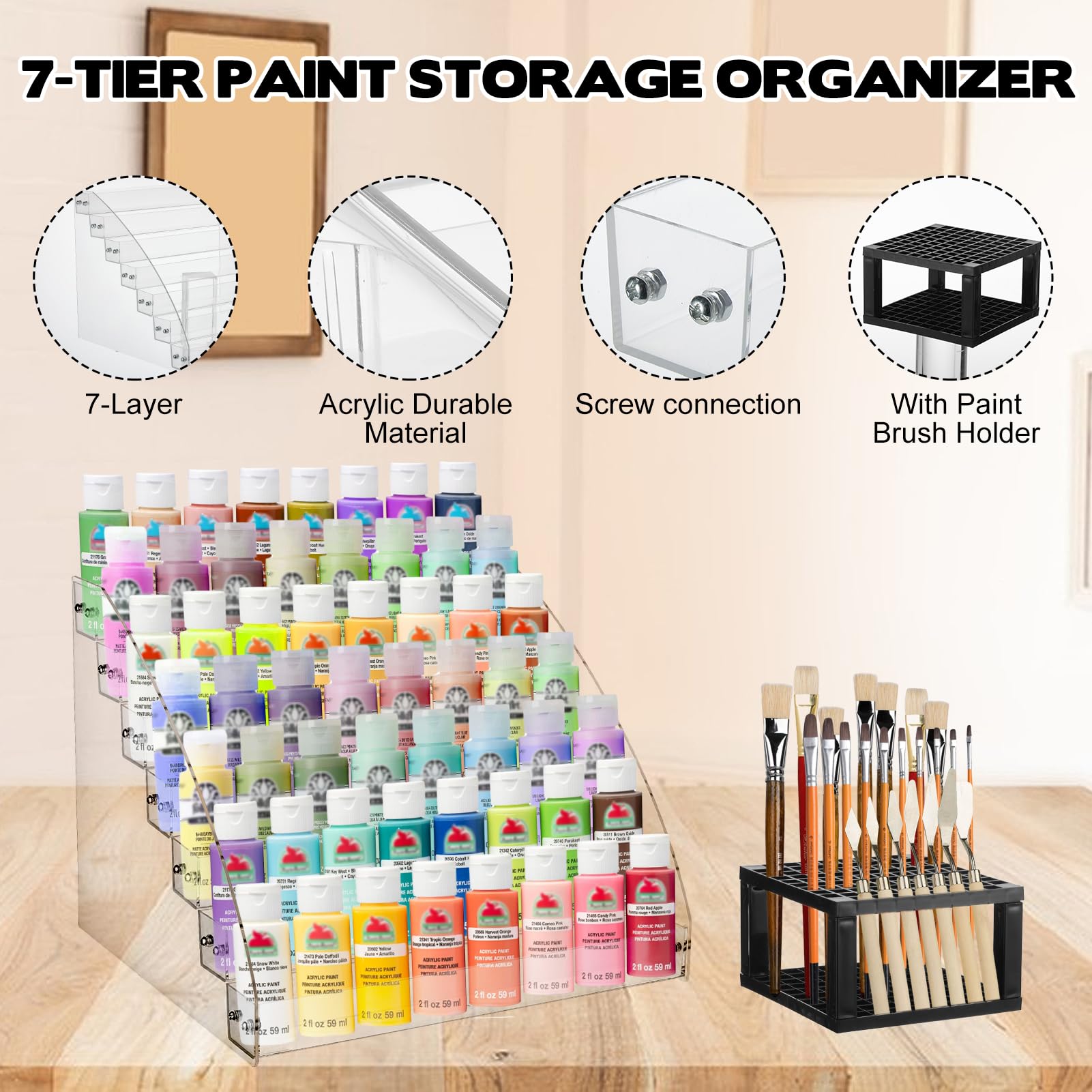 YEXEXINM Paquete de 2 organizadores de pintura acrílica transparente de 7 niveles con soporte para pinceles, juego de organizadores de pintura en miniatura, estante de almacenamiento de pinturas de 7