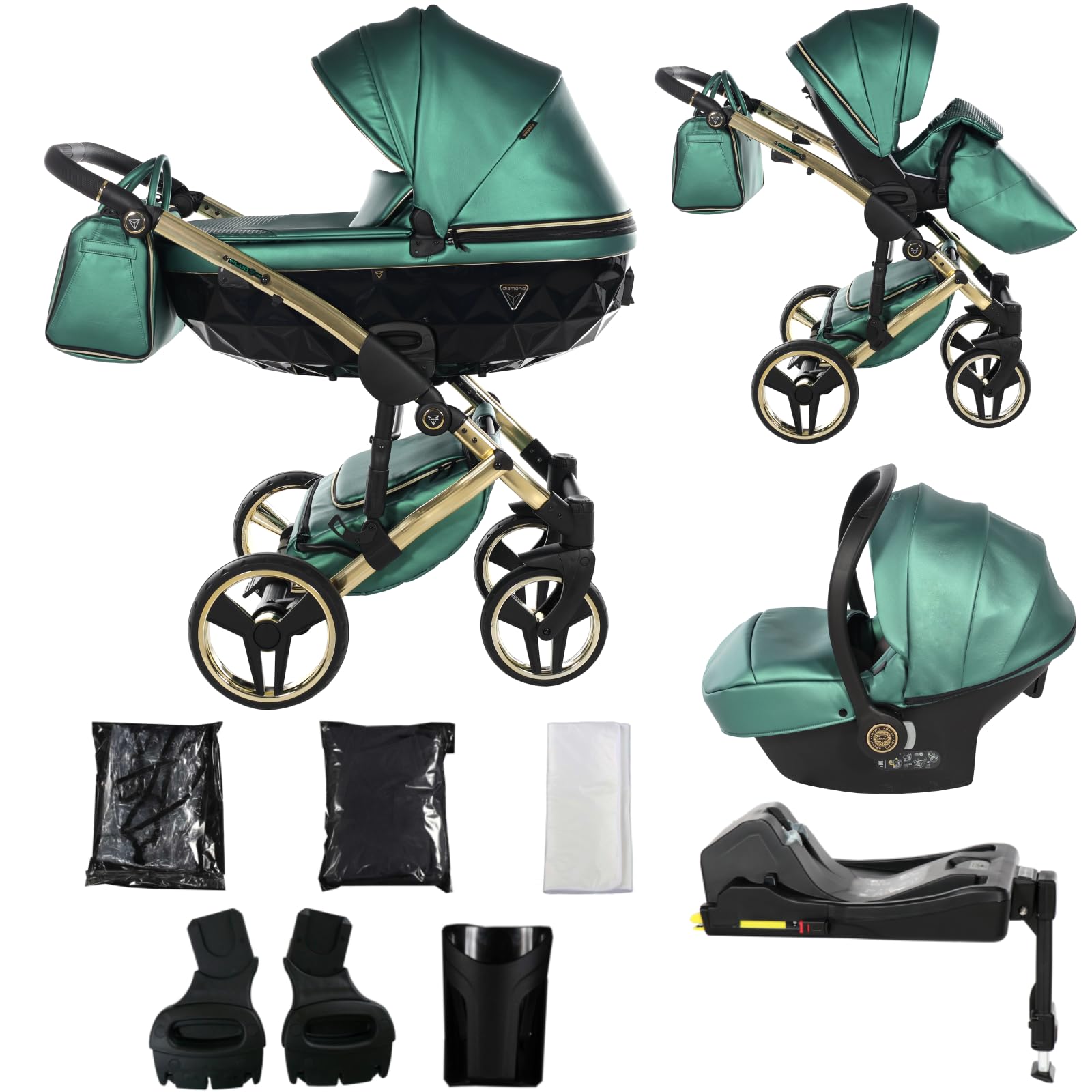 Junama Poussette Diamond Fluo 2en1 3en1 4en1 (02 - vert, 4en1 avec base ISOFIX)