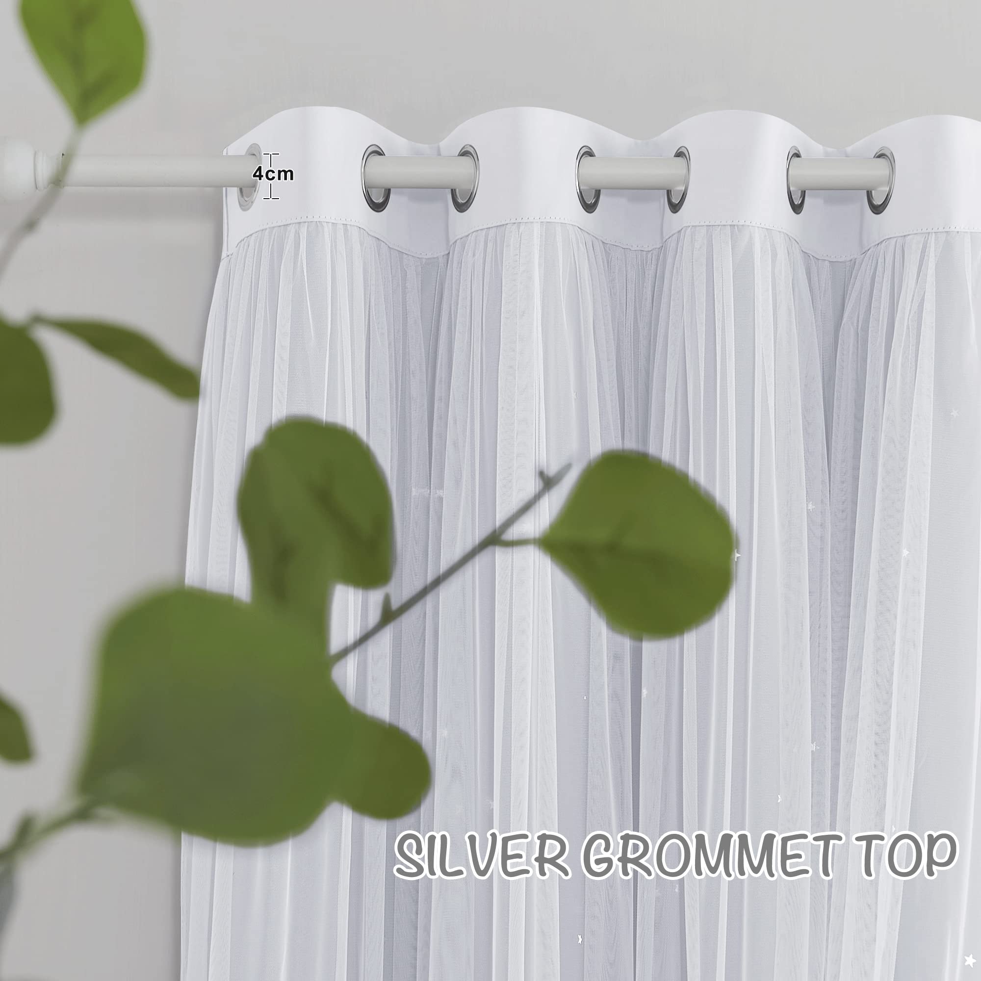 PONY DANCE Girls Curtains for Bedroom - Star Cutouts Drapes for Kids Double Layer Curtain Voile Overlay Room Darkening Shiny Decor Pretty Princess, 52x84 inch, Greyish White, 2 PCs