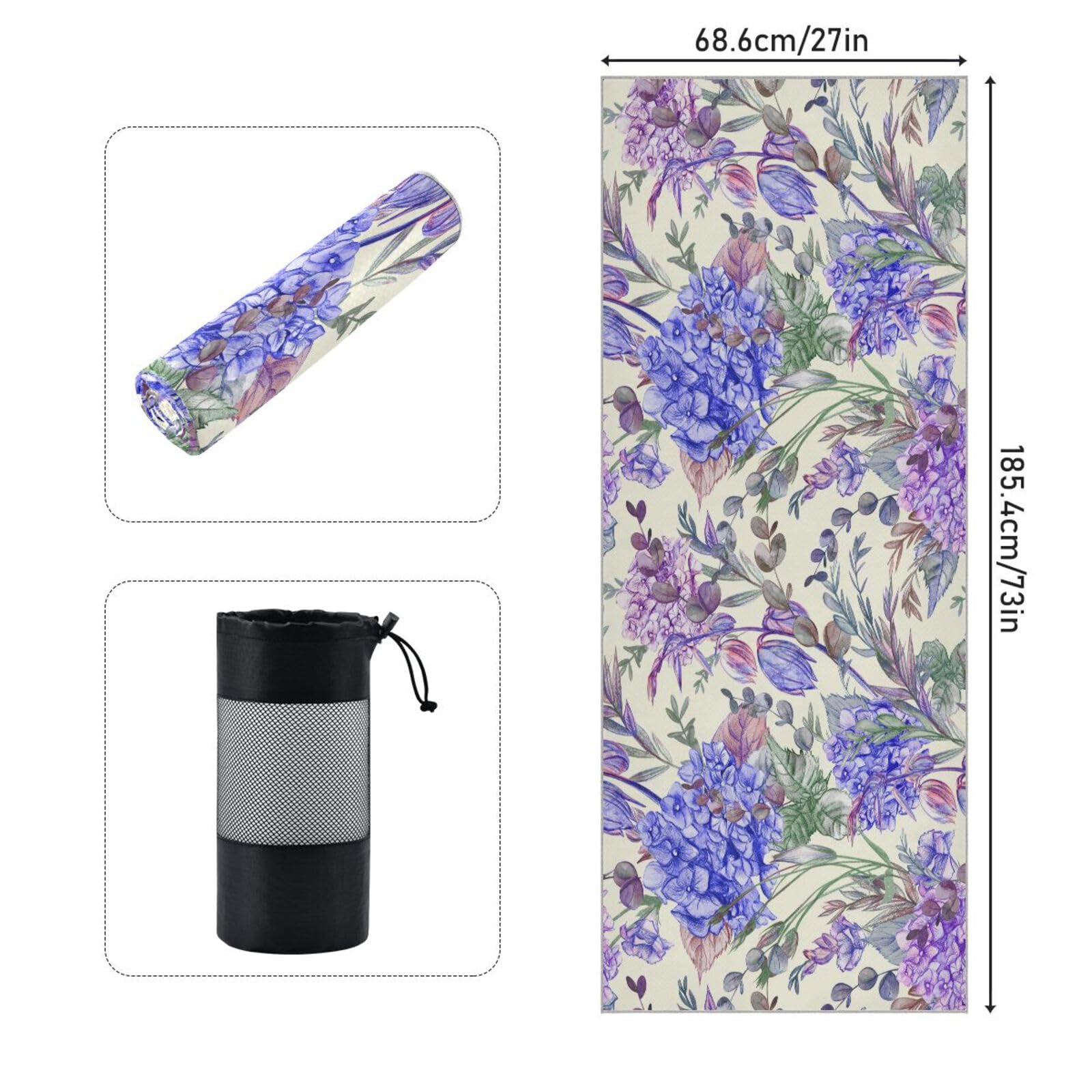 pnyoin Yoga Towel Hydrangeas and Summer Plants Hot Yoga Mat Towel with Grip Dots Sweat Absorbent Non-Slip for Hot Yoga, 24