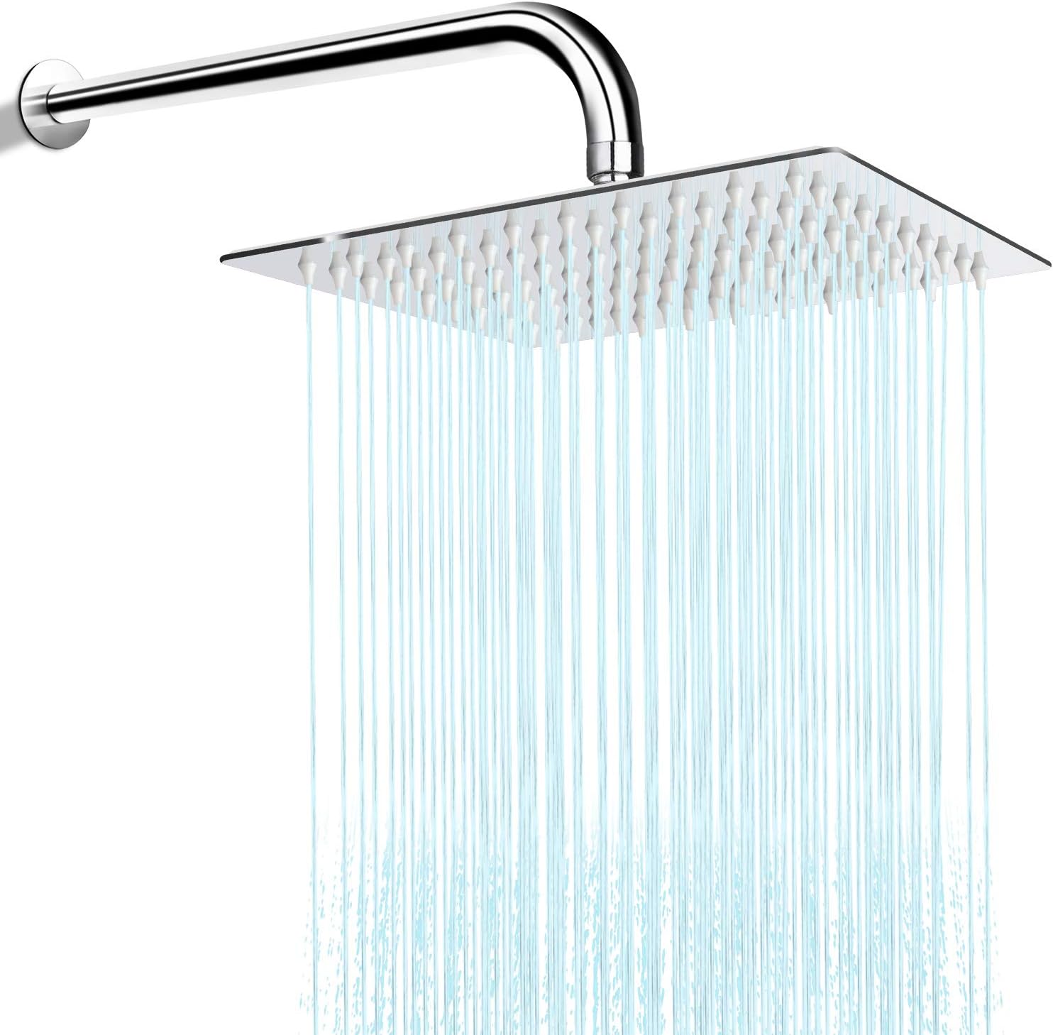 Rain Shower Head High Pressure, Sooreally 8 Inch Square Rainfall Showerhead with 15 Inch Extension Shower Arm, High Pressure Design Stainless Steel Chrome Finish