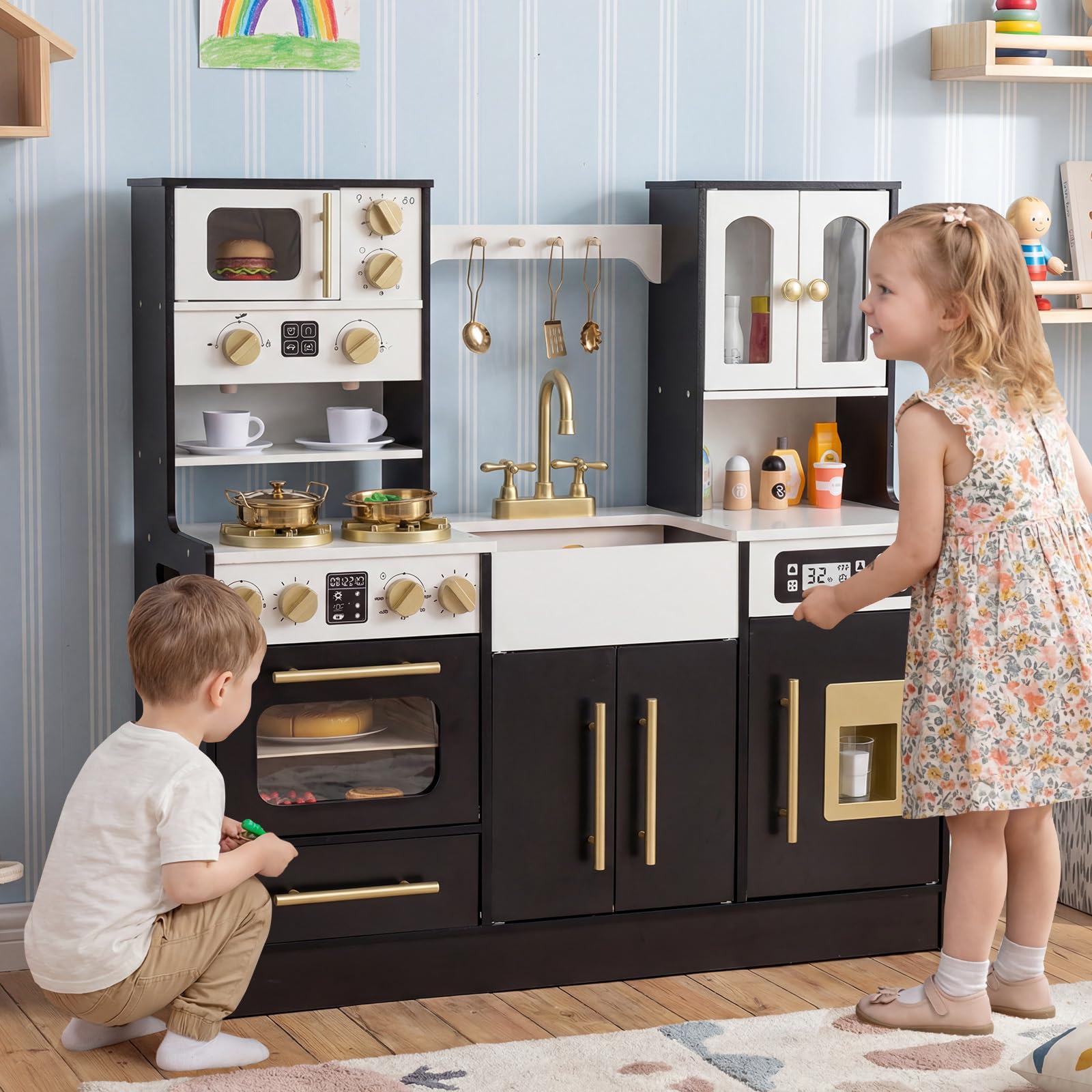 COSTWAY Cucina in Legno per Bambini, Cucina Giocattolo con Luci e Suoni Realistici, Fornelli, Lavello, Rubinetto, Forno, Macchina del Ghiaccio e Macchina del Caffè, per Bambini 3+ Anni (Nero)