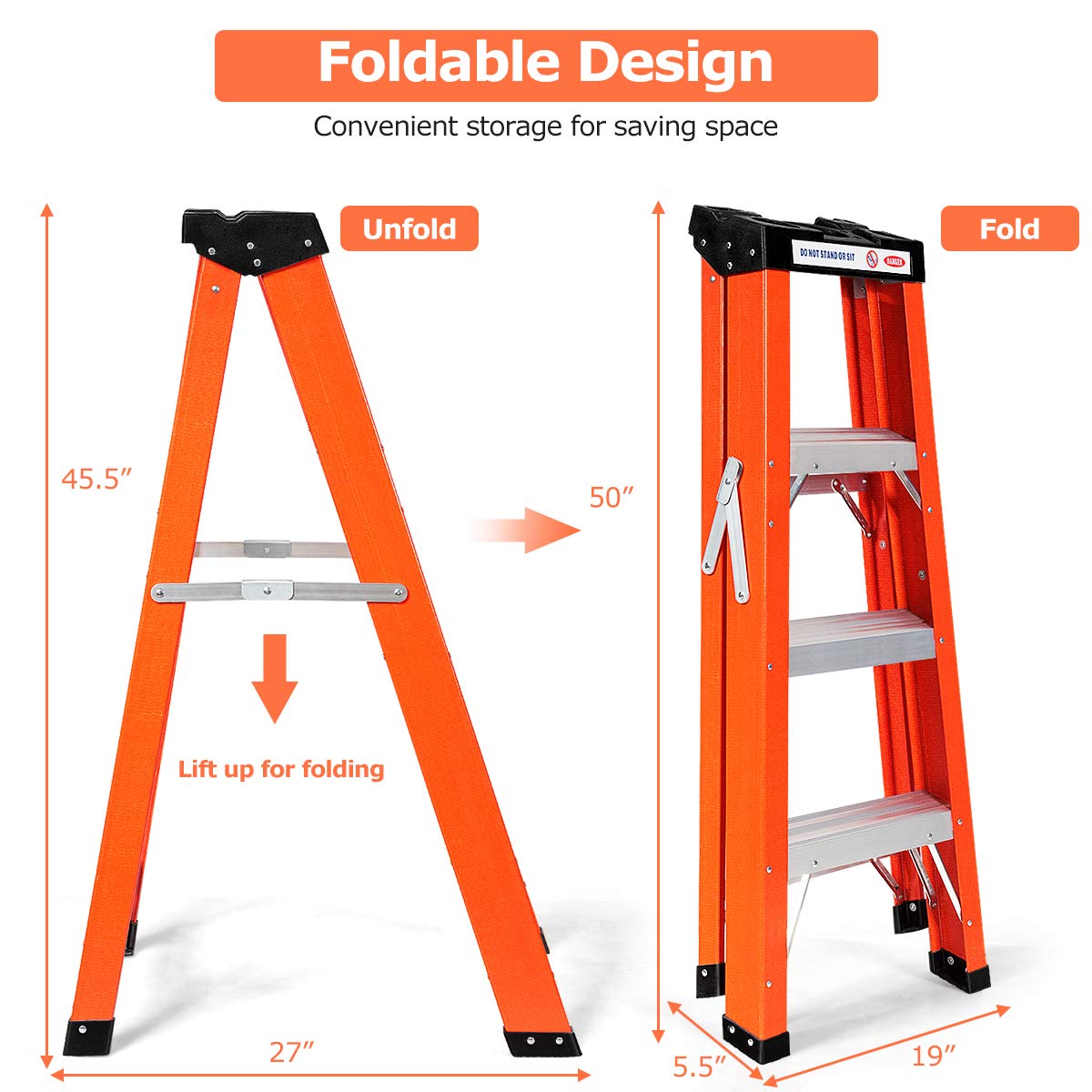 Goplus 4 Ft Fiberglass Step Ladder, Folding 3 Step Pro Platform Ladder