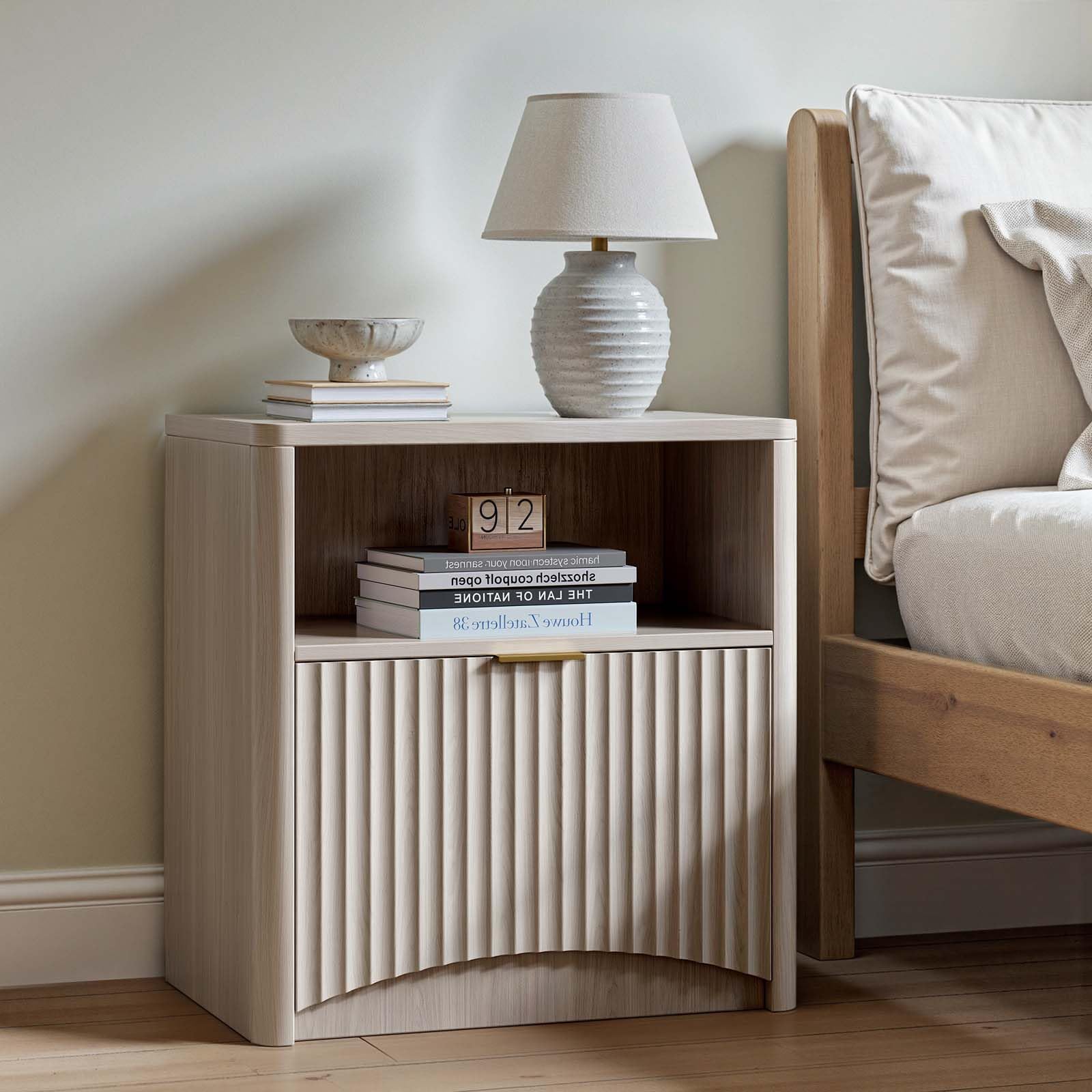 Evermagin Fluted Nightstand, Bedside Table with Drawer, White Alder