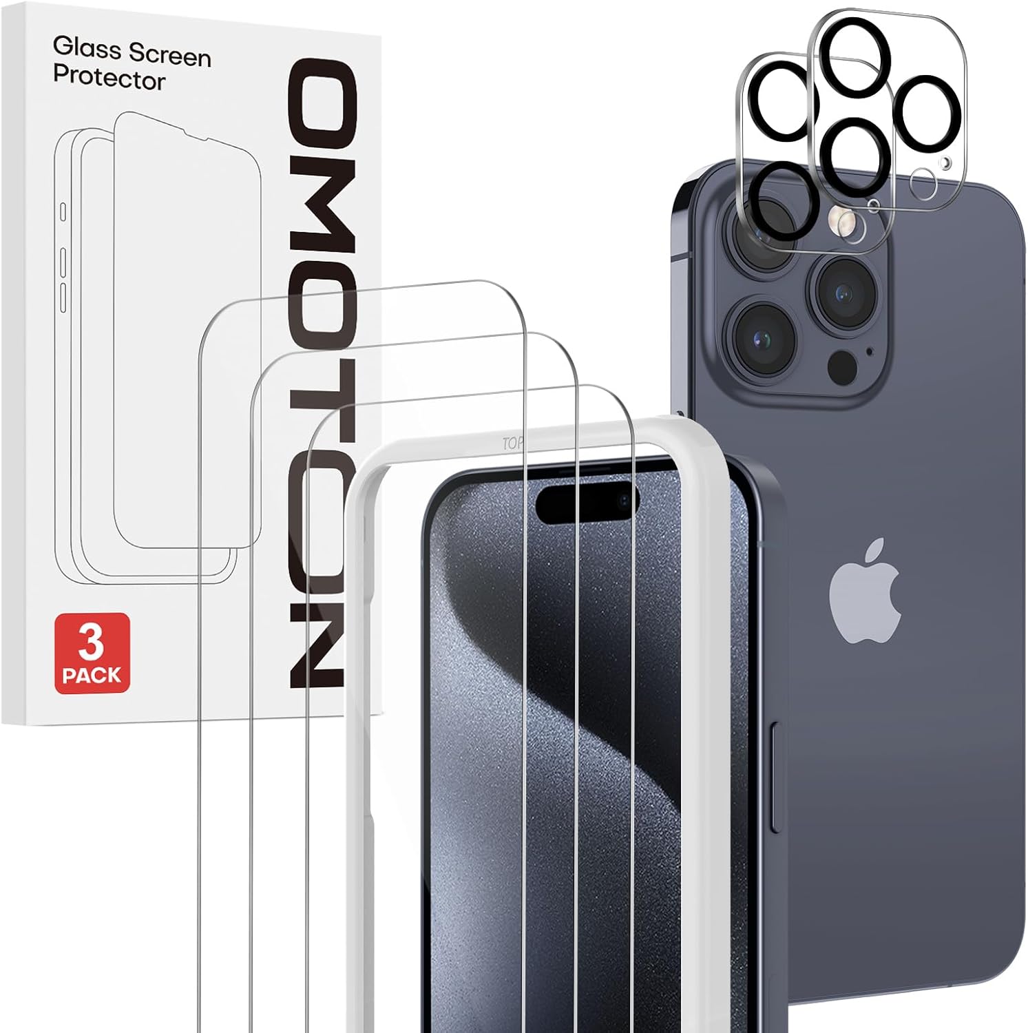 OMOTON Screen Protector for iPhone 15 Pro Max with Camera Lens Protector, Premium Tempered Glass
