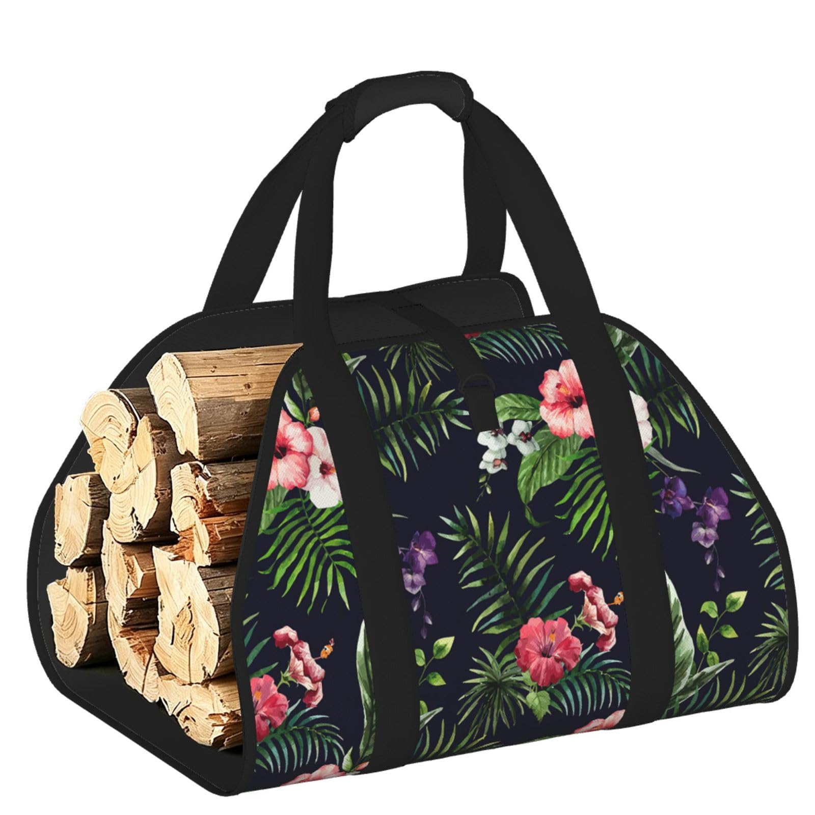 Pphgut Black Florals Print Firewood Bag Wood Carrier Transport Sack Camping Picnic Storage Daily Home