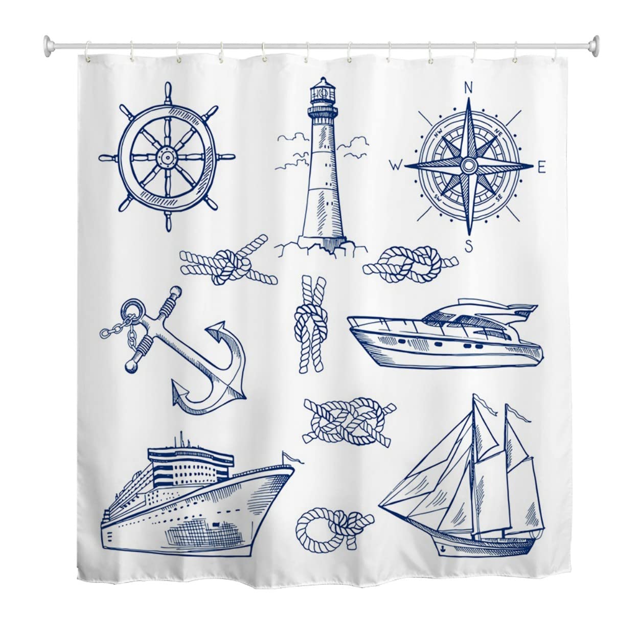 MimihomeNautical Shower Curtain,Sailboat Lighthouse Shower Curtains Set 12 Hooks Waterproof Bath Curtain Bathroom, 72W by 72H Inch
