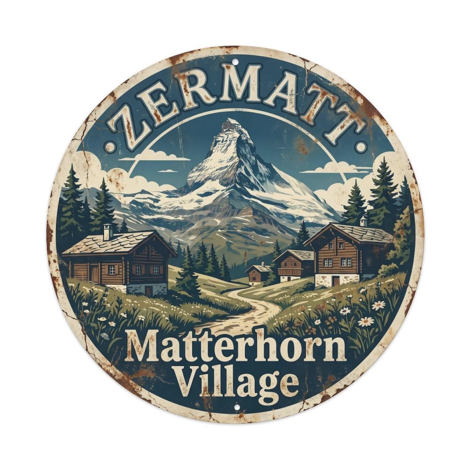 Vintage Travel Zermatt Matterhorn Peak Metal Tin Sign Plaque Wall Decor for Cafe, Club Bar, Office, Home Garden Round Metal Poster 8x8Inch