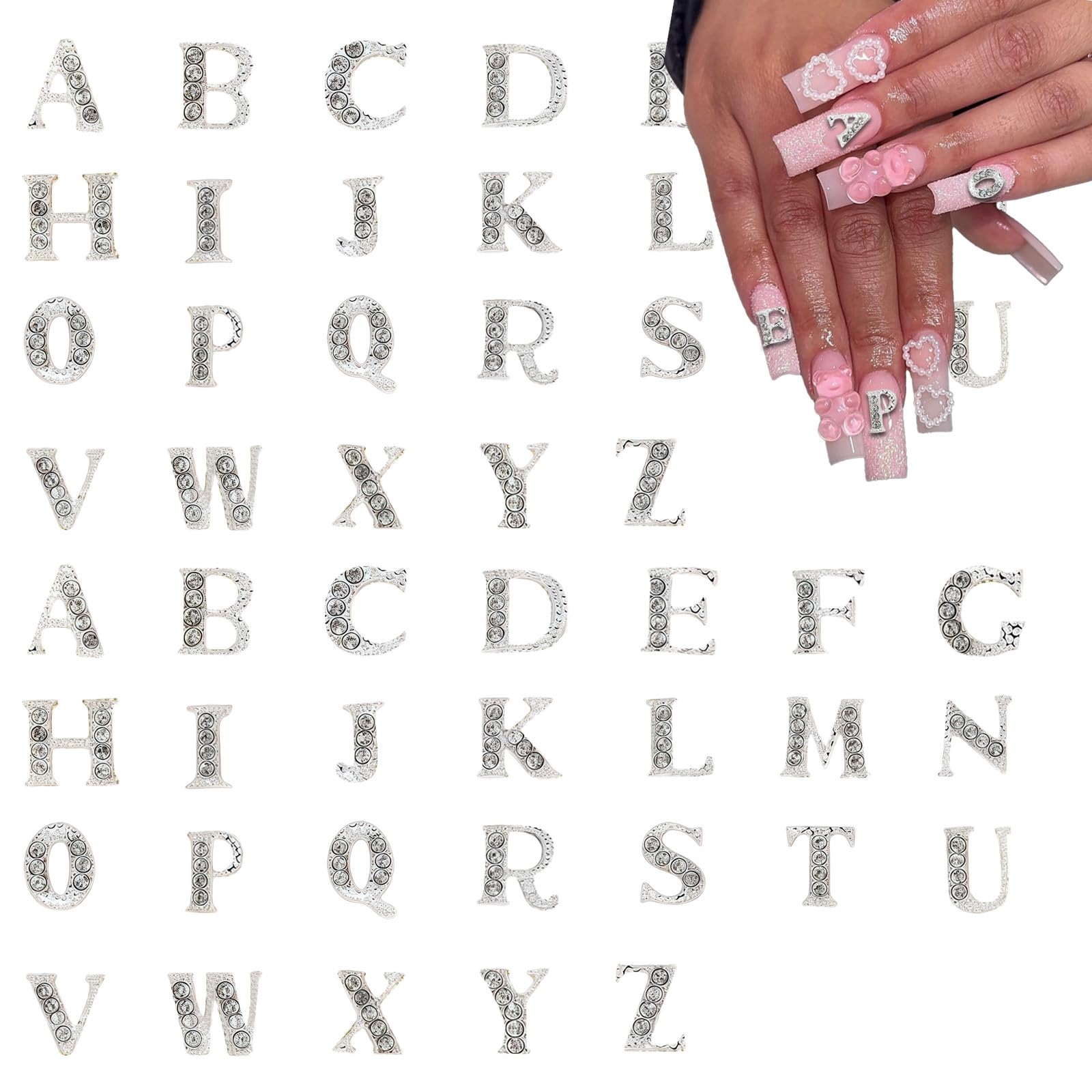 Pizadix 104 Pcs 3D Silver Nail Charms Letters Initial Charms for Nails Nail Letter Charms Alphabet Rhinestone Letter Nail Charms for Nail Art Design