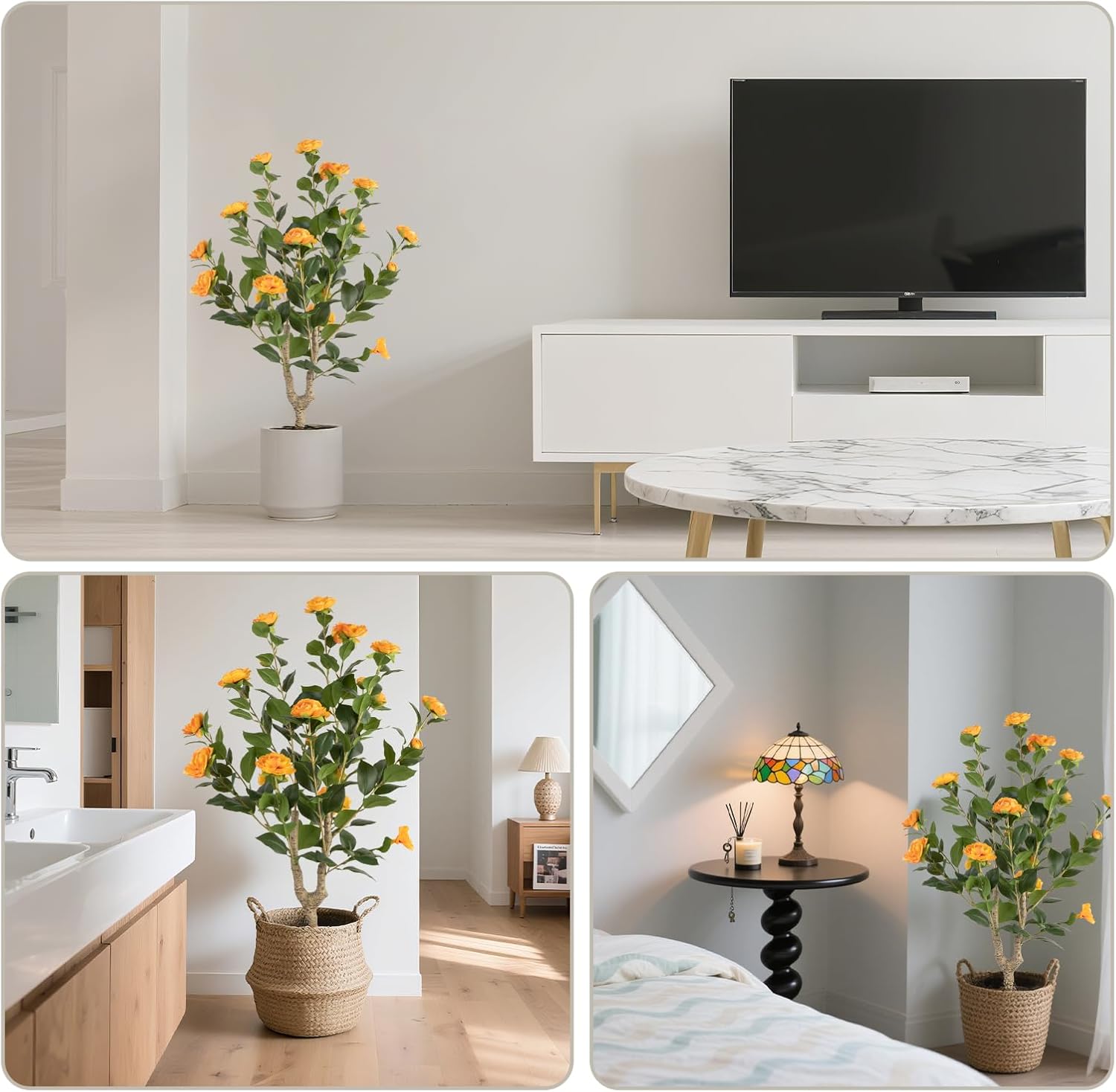 2Pack Artificial Camellia Tree, 35" Artificial Flower Plants Tree, Faux Floral Blooming Flower Tree, 3FT Tall Realistic Greenery with Black Pots for Indoor Outdoor Office Home Decor Flower (Orange)