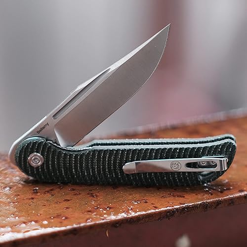 Miniatura 5 de Vosteed Cuchillo de bolsillo cuchillo plegable EDC con hoja de satén de 344 pulgadas de 606in cuchillo ligero con mango y clip de micarta verde