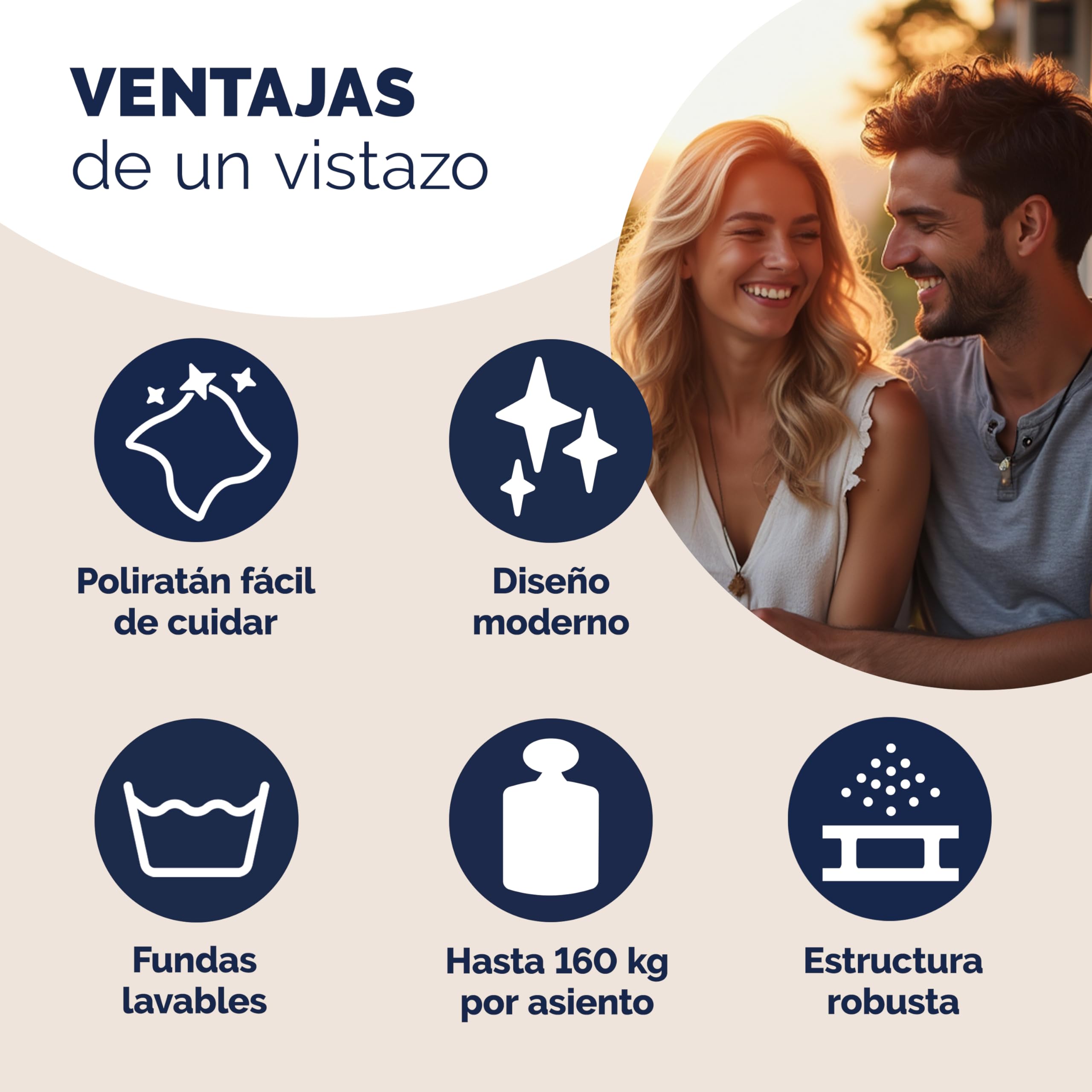 CASARIA® Banco Terraza Exterior 2 Asientos Poliratán hasta 320Kg Mesa Cristal con Cojines Estante Resistente Intemperie 145x58cm Crema