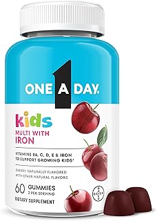 One A Day Kids Multivitamin with Iron Gummy, Vitamin D, Vitamin C, E, Zinc for Immune Support, Gummy Vitamins, Kids Multivitamin Gummies with Iron, Cherry Flavor, 60 Count (Packaging May Vary)