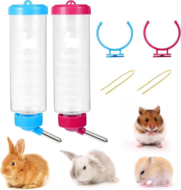 2 Pack 8.45 Oz Small Animal Water Bottle Guinea Pig Water Bottles, Hanging Guinea Pig Water Bottle, Rabbit Water Bottles No Drip Small Pet Water Bottle Automatic Water Feeder for Pig Hamsterblue&red