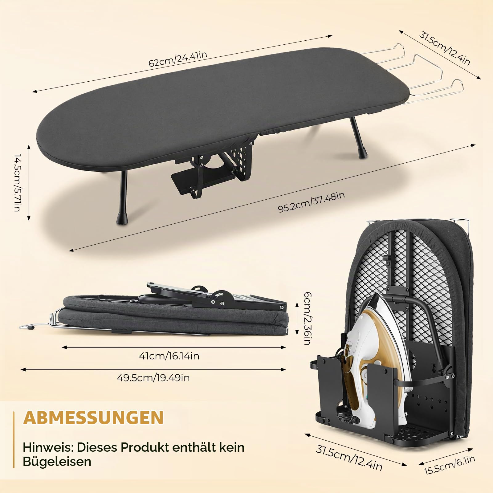 Faltbares Bügelbrett Tischmodell mit Bügelhalter, Kompakt & rutschfest, Hitzebeständiger Bezug, Stabiler Metallgitterrost, Ideal für Apartment, Wohnheim & Reisen, 95.2 x 31,5 cm