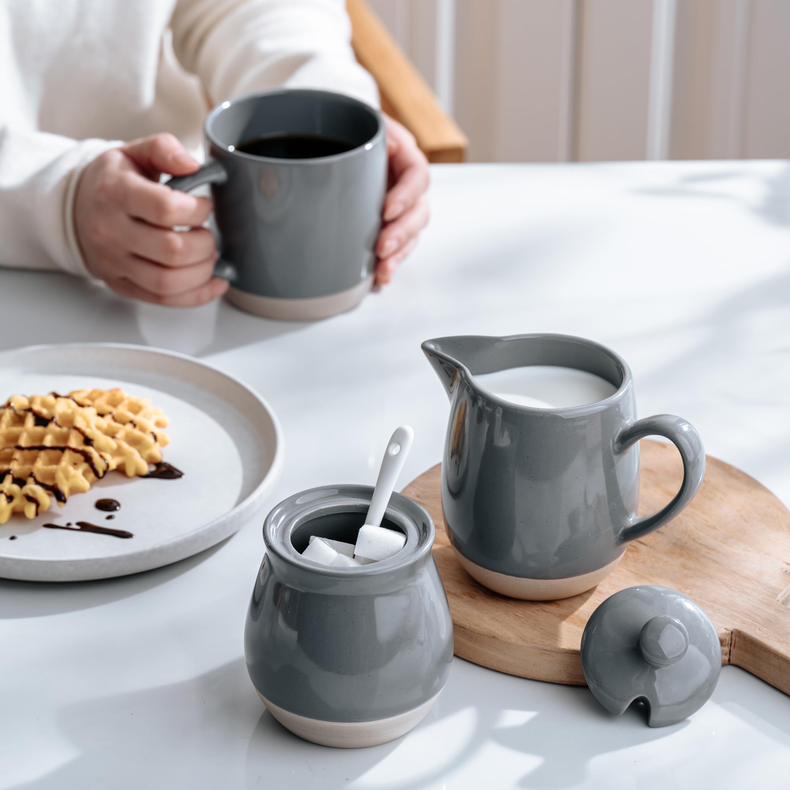 famiware Milkway - Juego de azúcar y crema de cerámica, azucarero de 10 onzas y juego de crema de 13 onzas, jarra de leche de gres y dispensador de azúcar para cafetería, cocina o encimera, juego de