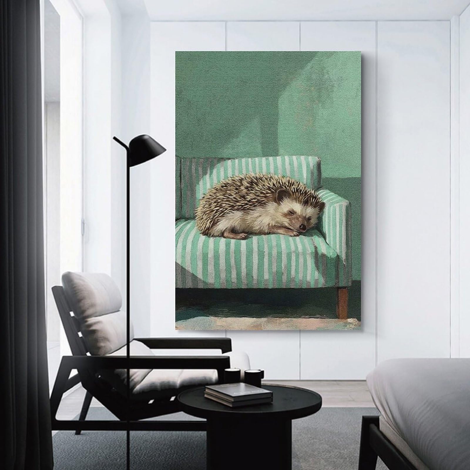 Junmoney Unframe-Style-20 Canvas Wall Art Sleeping Hedgehog On Striped Couch, 24X36inch(60X90cm), For Gallery Wall Decor And Room Displays, Decorative Artwork With Flexible Styling