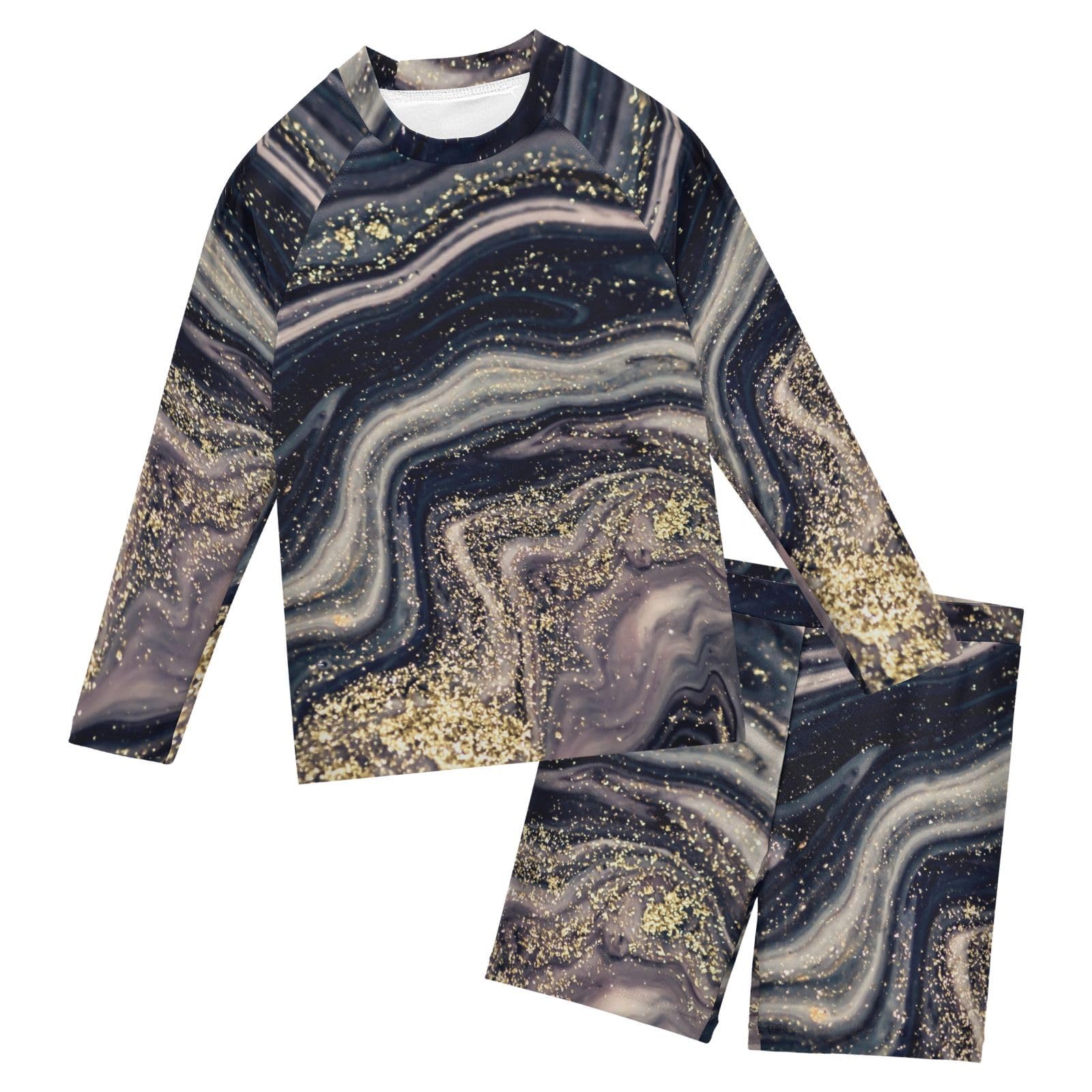 Aflyko Kids' Bathing Suit Set Marble Glitter Long Sleeve Swim Tops with Shorts Summer Vacation Pool Party Rashguard Fun Cute Infant Beachwear, 4T Multicoloured