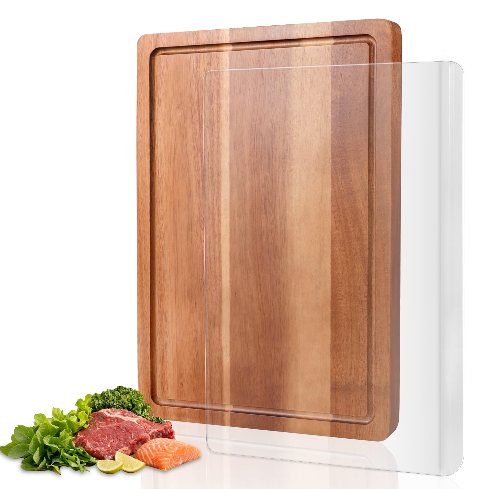 WILLKOMMEN Set de Plancha de Corte de Madera, 2PCS de Acacia Plancha de Corte de Madera de Acacia Para La Cocina Y AcríLico Plato de Verduras, de Madera Duradera Cortar Sin Esfuerzo
