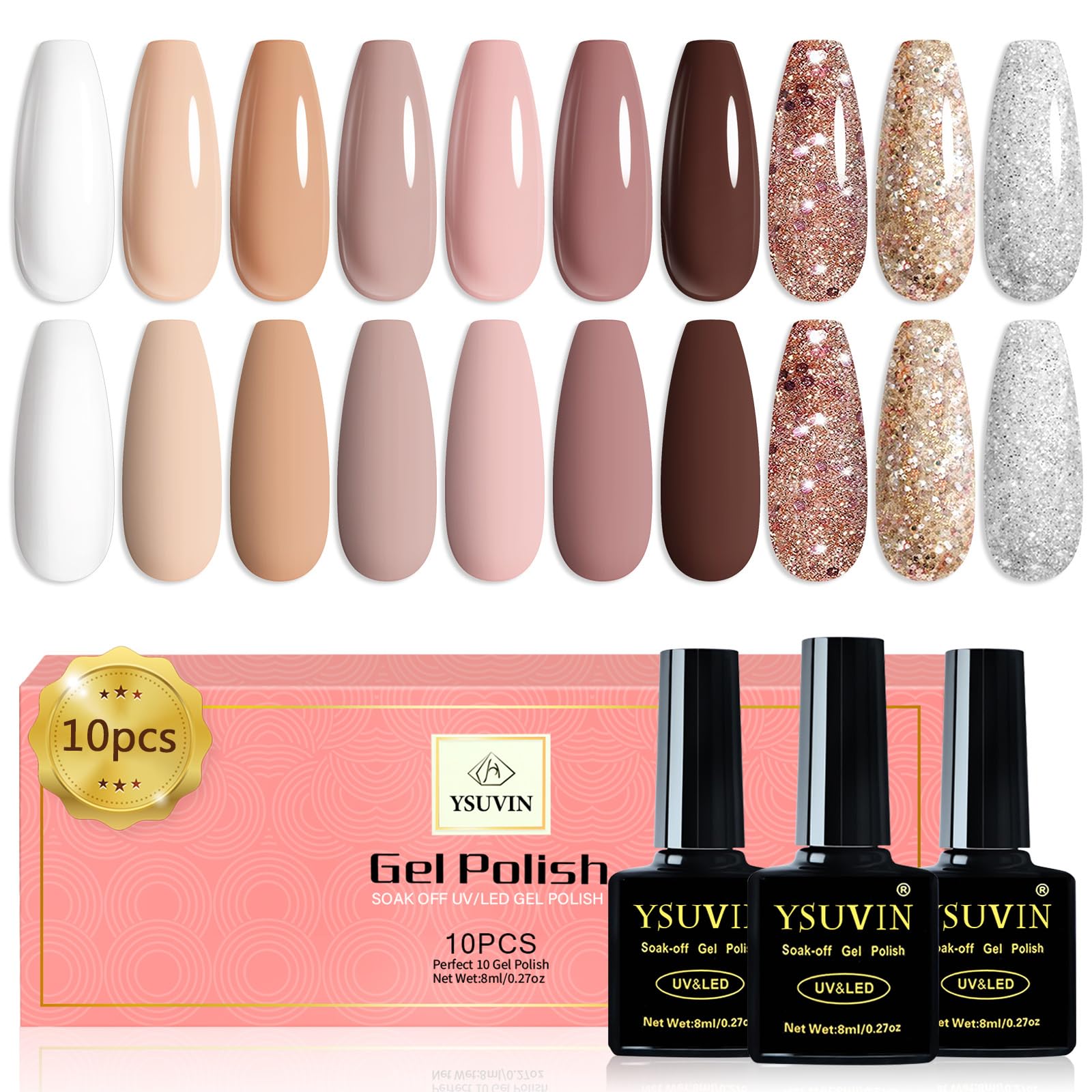 YSUVIN UV Nagellack Nude Set, 10 Farben Nude Rosa Braun Glitzer Gel Nagellack Soak-Off UV Gellack Set für Anfänger DIY Nail Art Maniküre Salon, Langlebig, 8ML