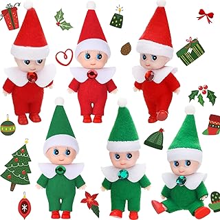 Skylety 6 Pieces Christmas Mini Elf Christmas Small Plush Twin Toys Boy and Girl Xmas Miniature Elf Accessories for New Year Xmas Stocking Stuffers(Red, Green)