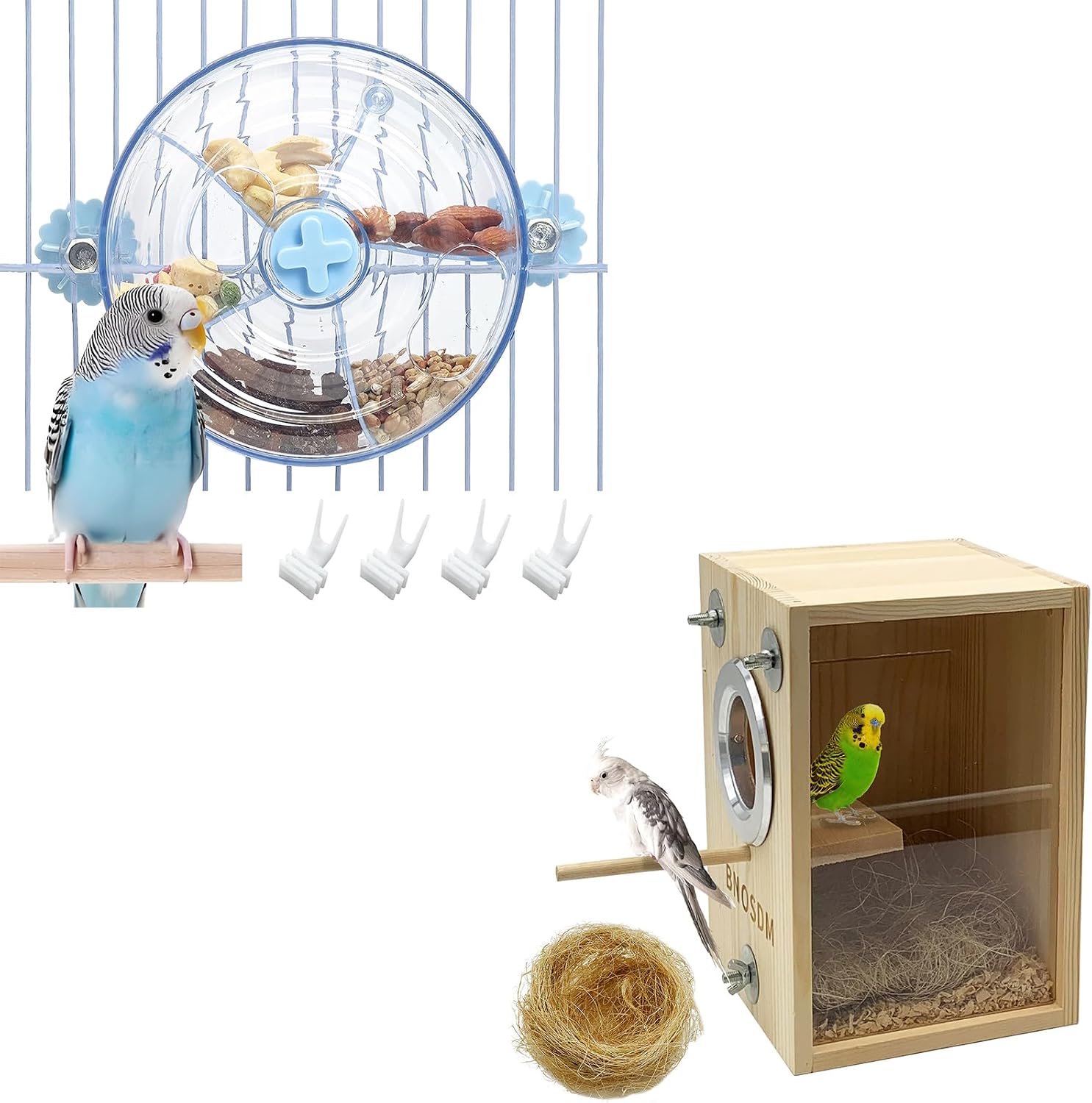 BNOSDM Blue Bird Foraging Toy Creative Feeder Systems with Seed Food Rotating Wheel and Parakeet Nesting Box Transparent Bird Breeding Nest Boxes for Parakeets, Conures, Lovebirds