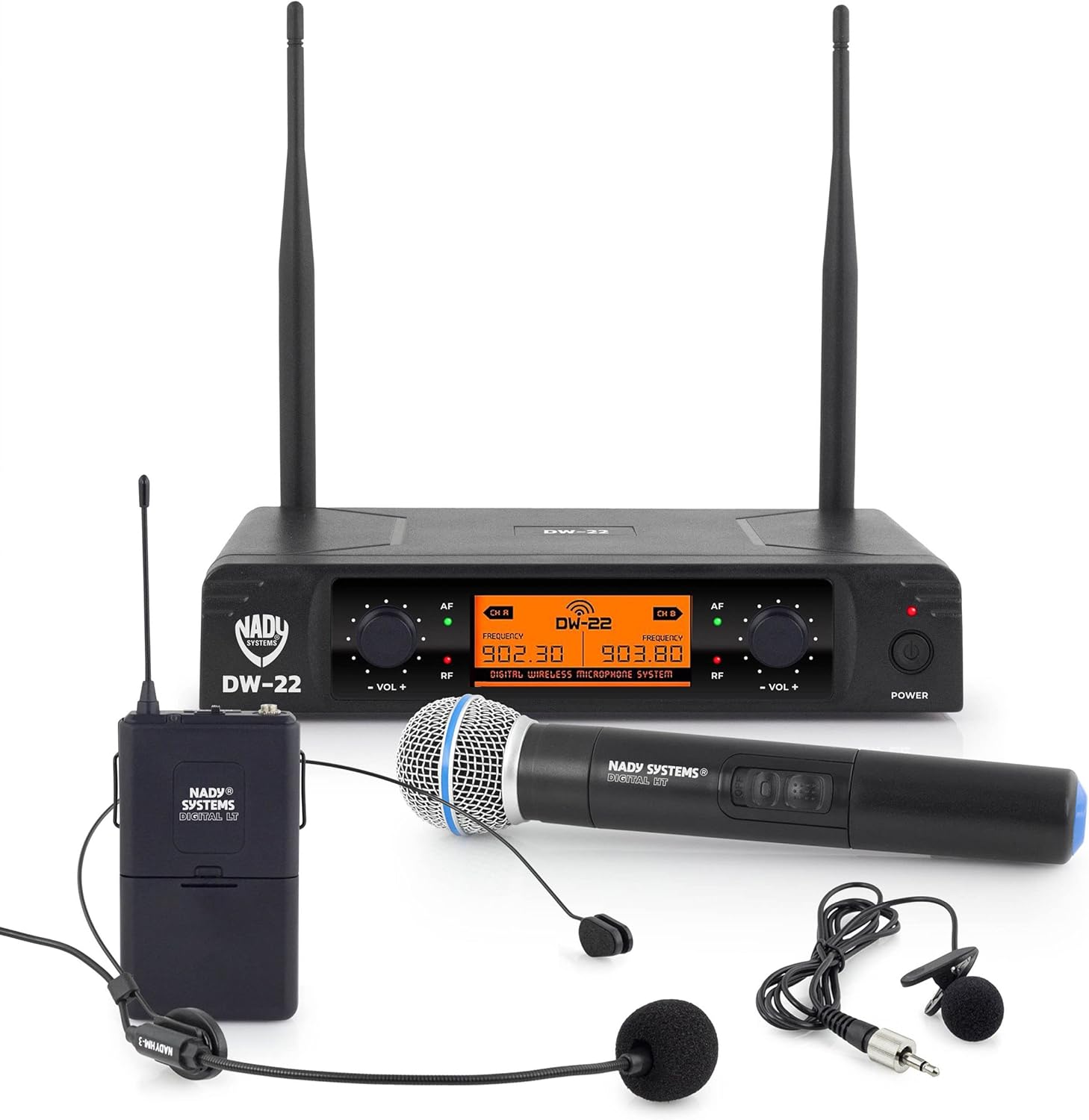 Nady DW-22 Dual Digital Wireless Handheld, Lapel & Headset Microphone System | 902.3MHz / 903.8MHz (Non-Adjustable), Plug and Play Set-up, and 300 ft. Range.