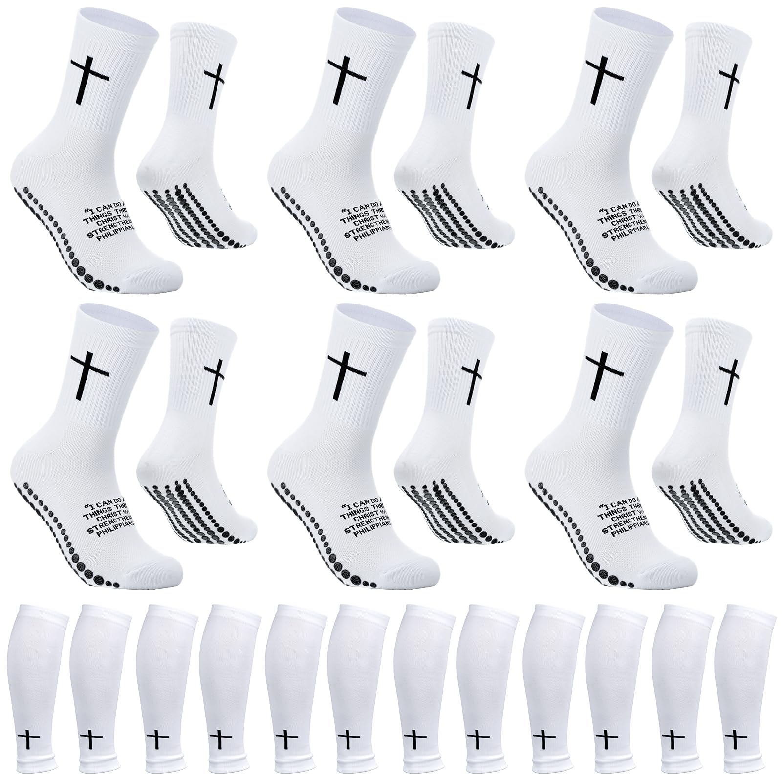 12 Pairs Cross Grip Soccer Socks Soccer Shin Guard Sleeves Non Slip Christian Socks with Bible Verse for Men Women