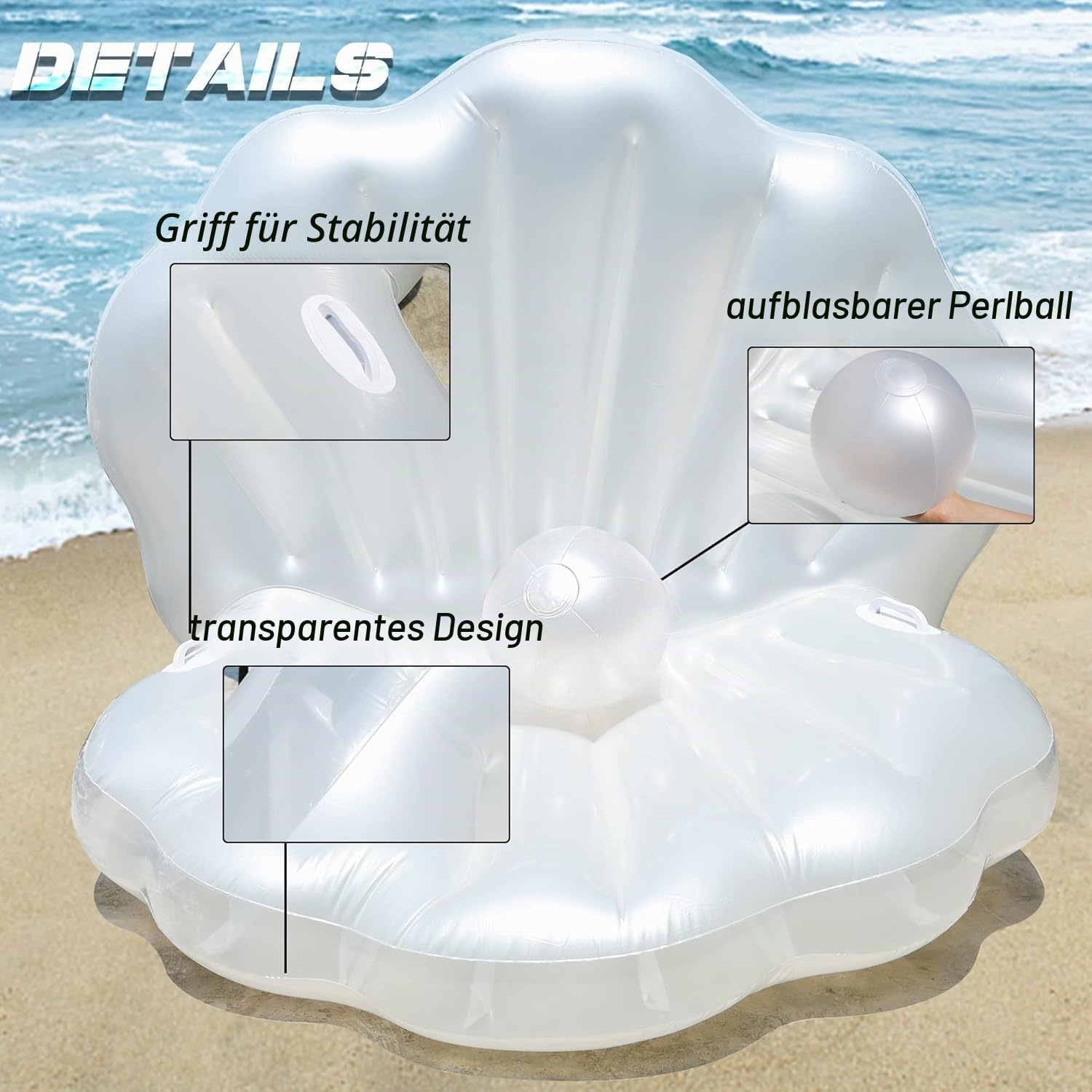Aufblasbare Muschel Luftmatratze mit Perlenball, Riesiger Muschel-Pool-Schwimmer & Loungesessel, Premium Schwimmbett für Erwachsene, Wasserspielzeug für Strandparty & Pool