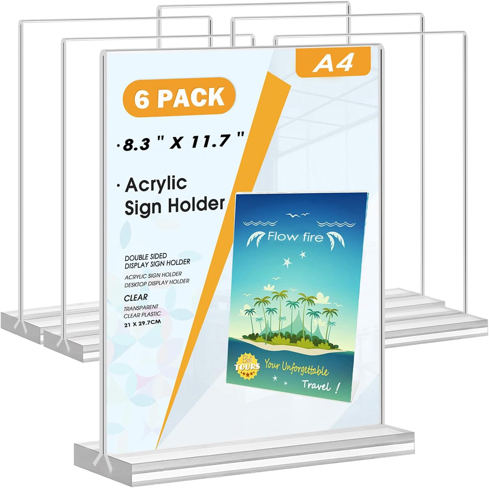 Flow fire A4 Acrylic Sign Holder, 6 Pack T-Shape Perspex A4 Menu Display Stand for Poster, Office Store Restaurant