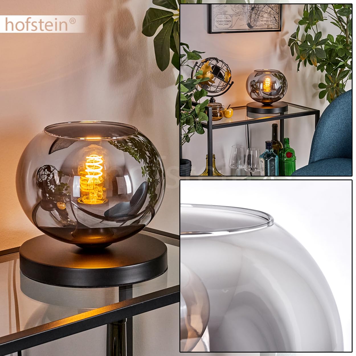 Tischleuchte Apedo, Tischlampe aus Metall/Glas in Schwarz/Rauchfarben, Leuchte im modernen Retro/Vintage-Design mit Schirm aus Glas (Ø 20 cm) u. An/-Auschalter am Kabel, 1 x E27, ohne Leuchtmittel