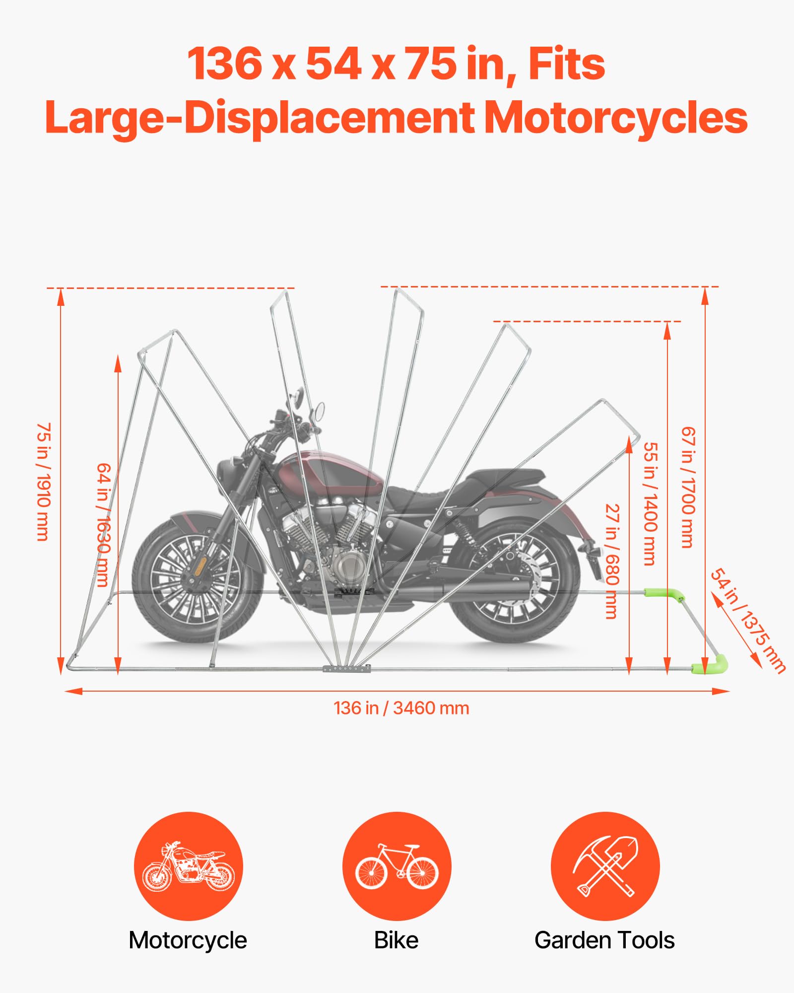 VEVOR Copertura Motocicletta da 3460 x 1375 x 1900 mm con Serratura di Sicurezza, in Tessuto Oxford 600D, Resistente per Tutte le Stagioni con Finestre di Ventilazione, per Veicoli da Esterno, Nero