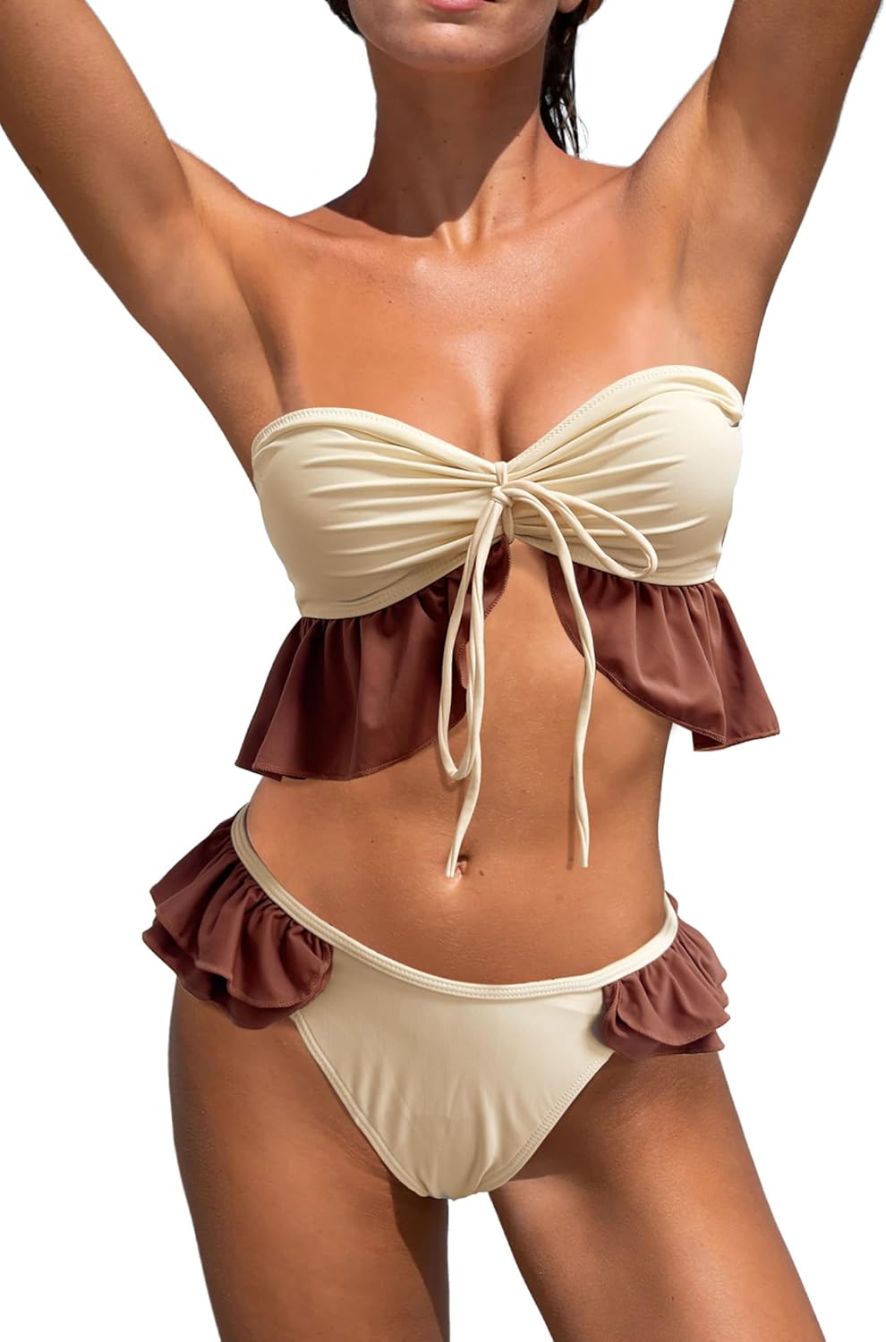 Bandeau Bikini Sets for Women Strapless Ruffle Hem Two Piece Swimsuits with Low Rise Cheeky Bottom Bathing Suit