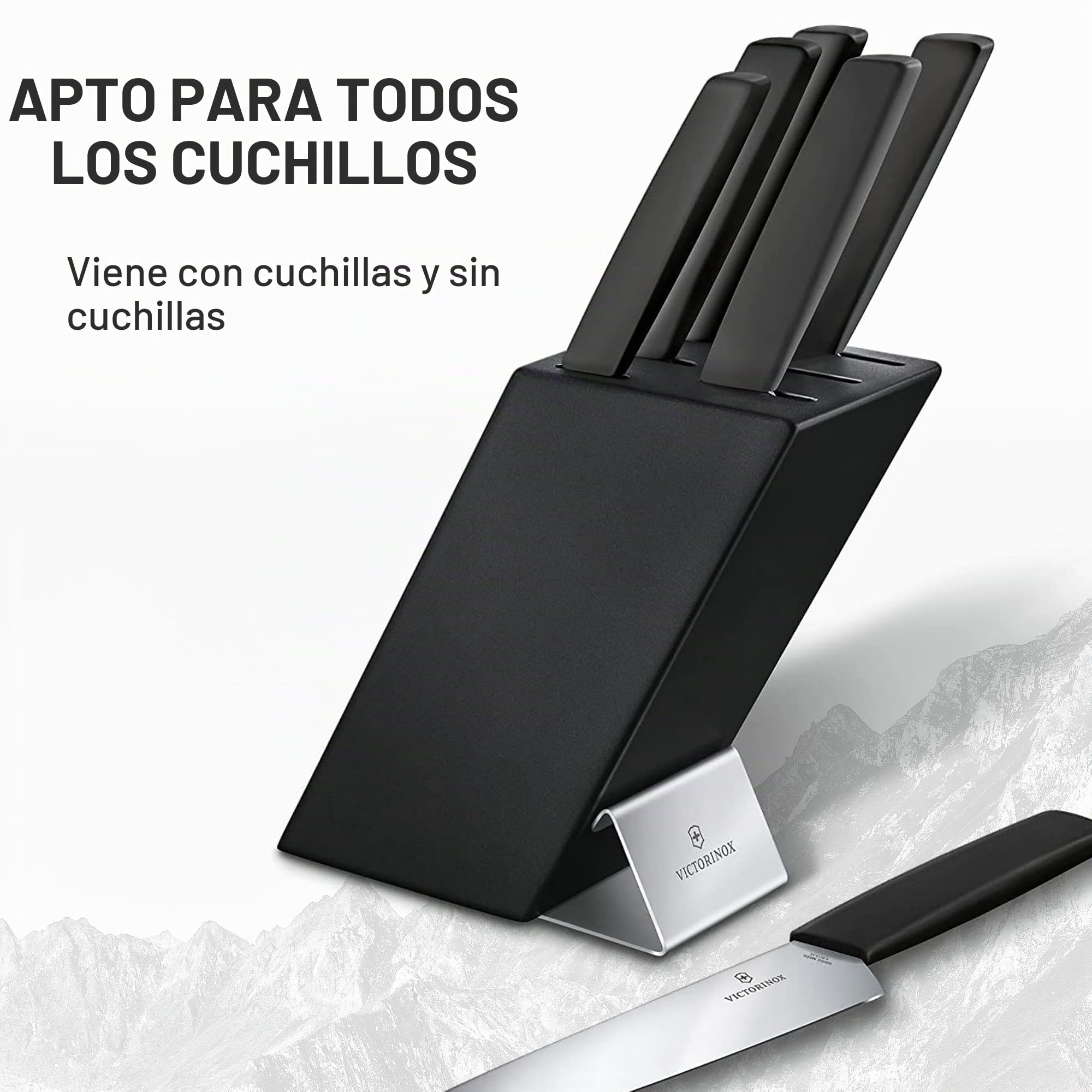 Victorinox Swiss Modern Soporte para 6 cuchillos, incluyendo 5 cuchillos de cocina y 1 tenedor, fabricado en madera de haya lacada en negro