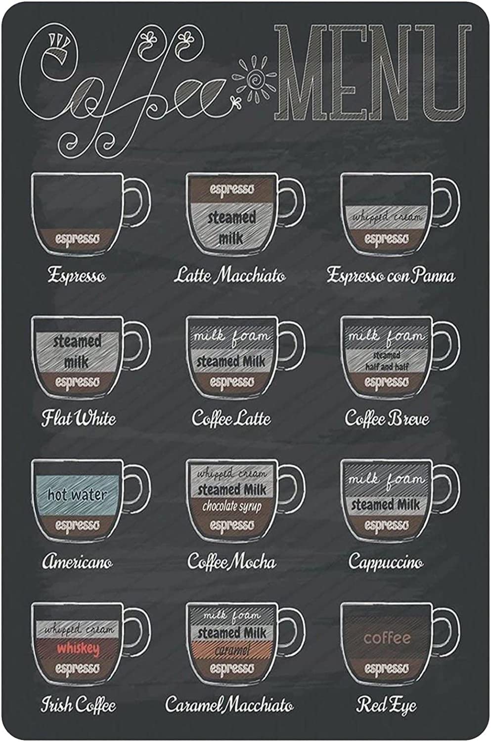 rayprint Coffee Menu Metal Signs Wall Decor Recipe Cafe Bar Latte Cappuccino Retro Poster Aluminum Sign for Home Cafe Bar 12x16 Inch